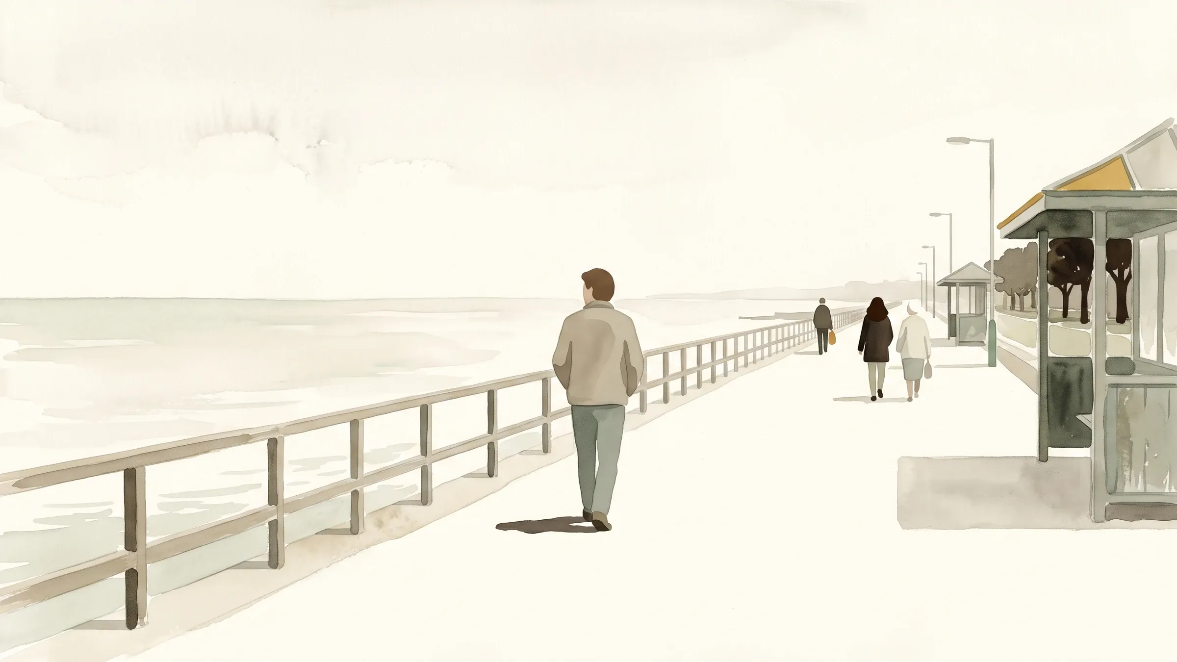 A watercolour illustration of walkers on a long seafront esplanade stretching into the distance.