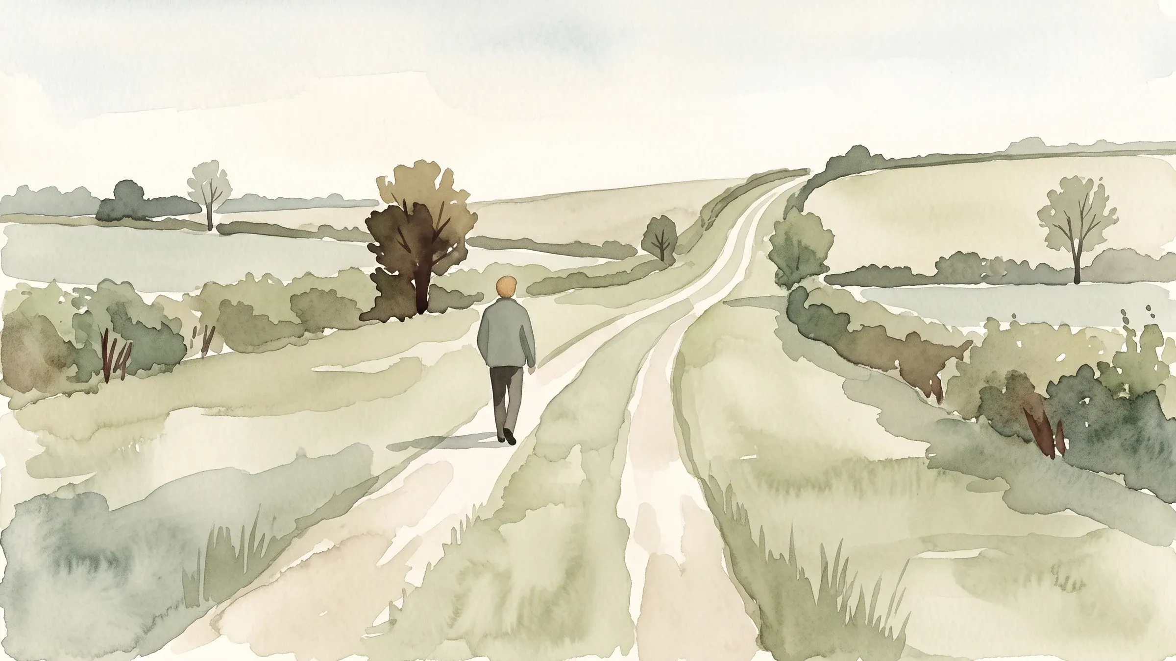 A watercolour illustration of a lone walker partway along a grassy bridleway between open fields.