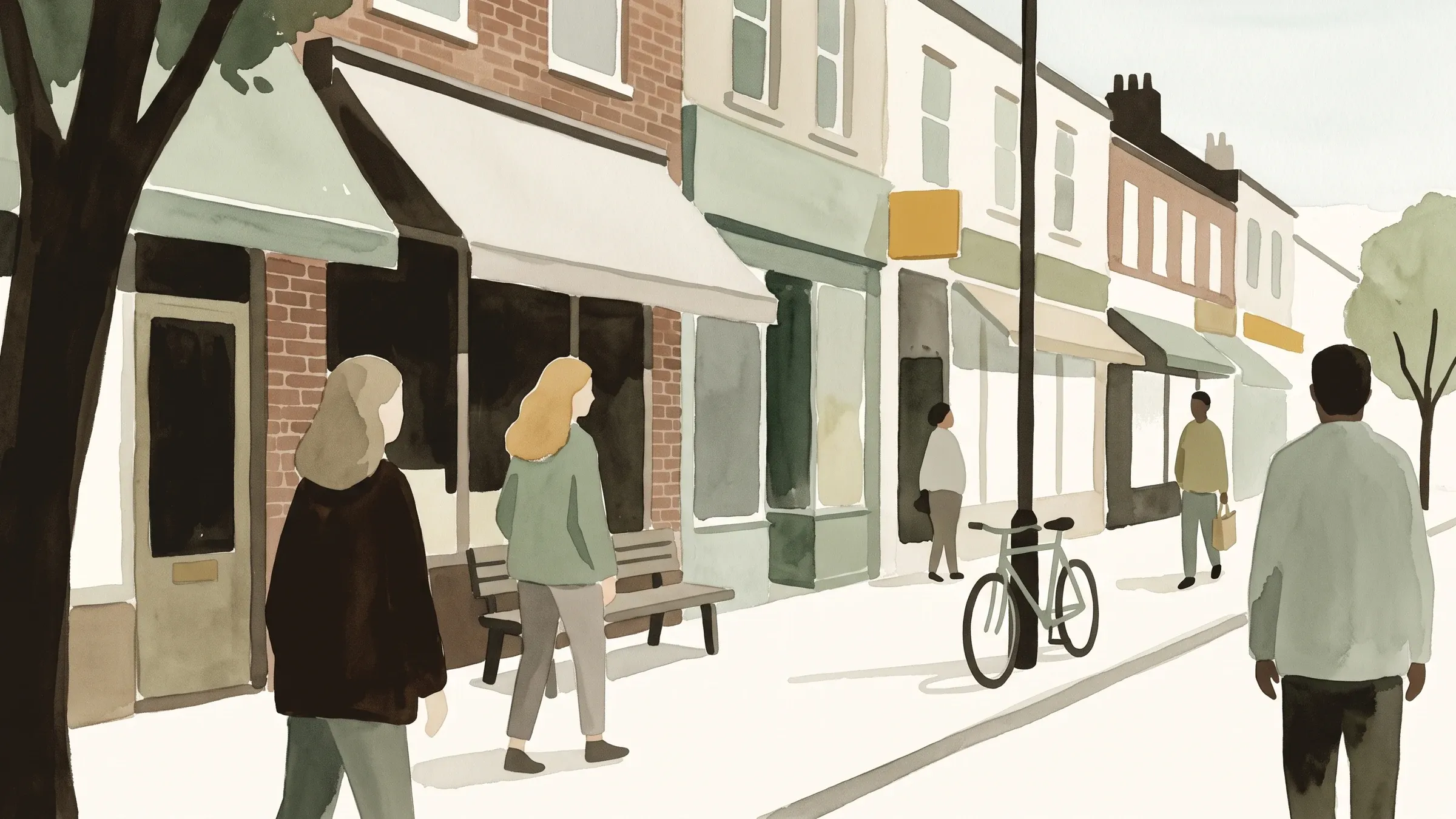 A watercolour illustration of people walking a town high street past small shopfronts and market stalls.