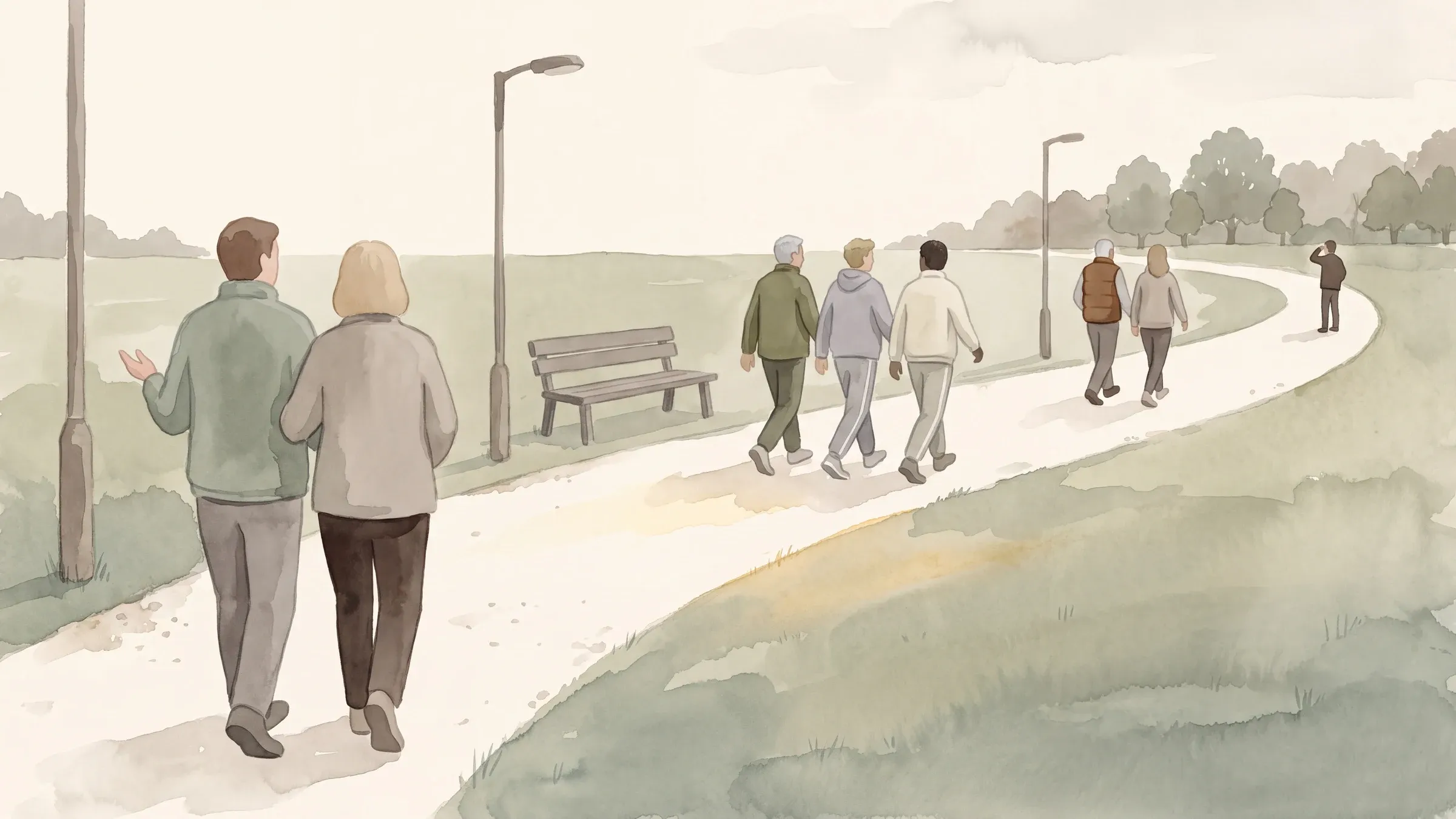 A watercolour illustration of four small groups walking the same park loop path on a bright morning, each group walking together in a different way.