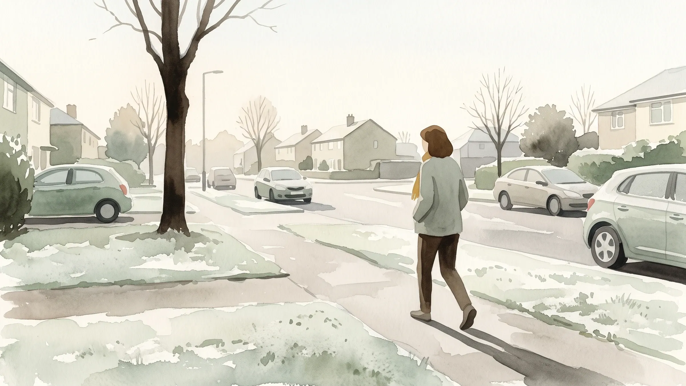 A watercolour illustration of a single walker on a frosty residential street early in the morning.