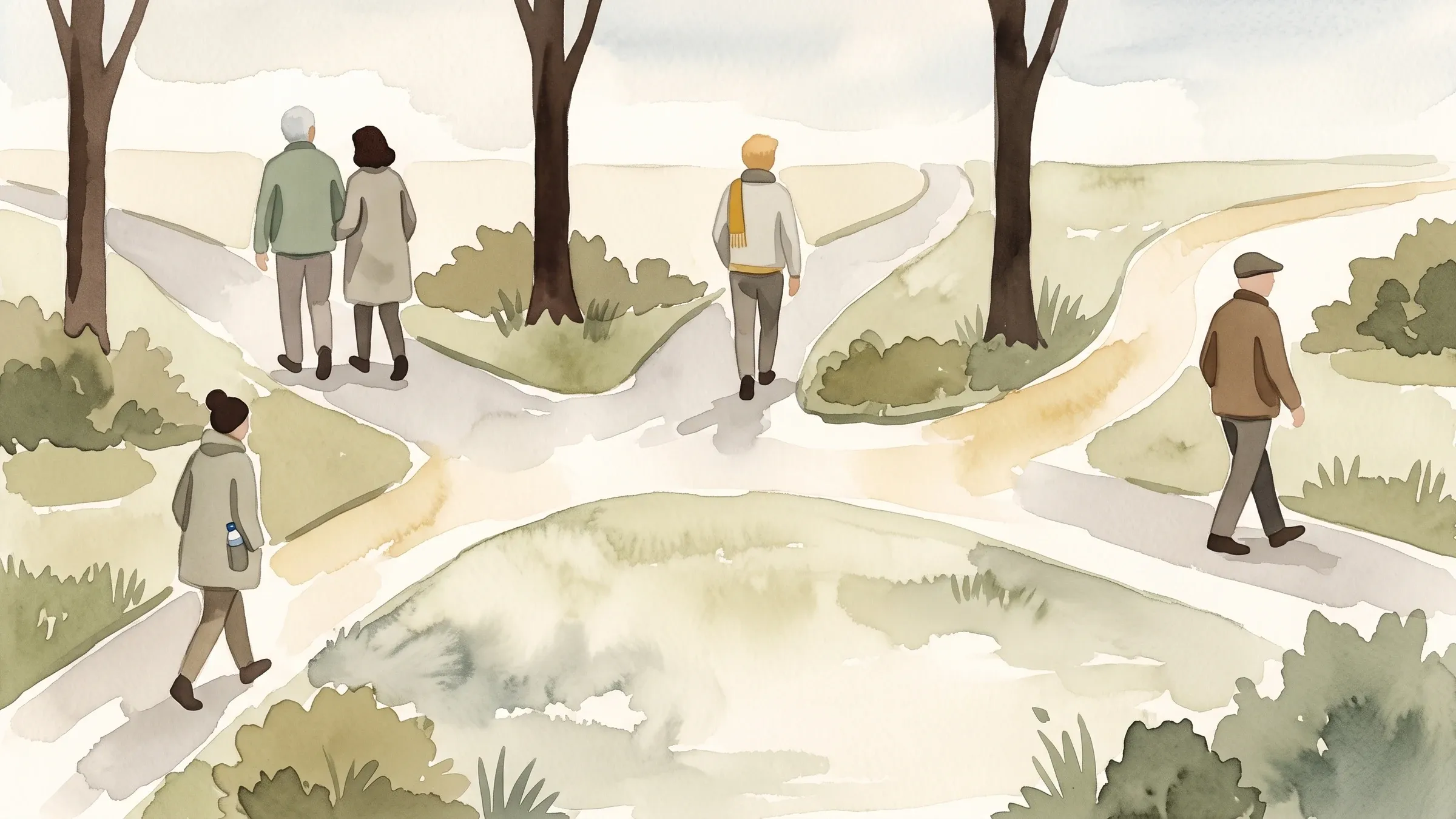 A watercolour illustration of five paths radiating from a small park green with walkers setting off along them.