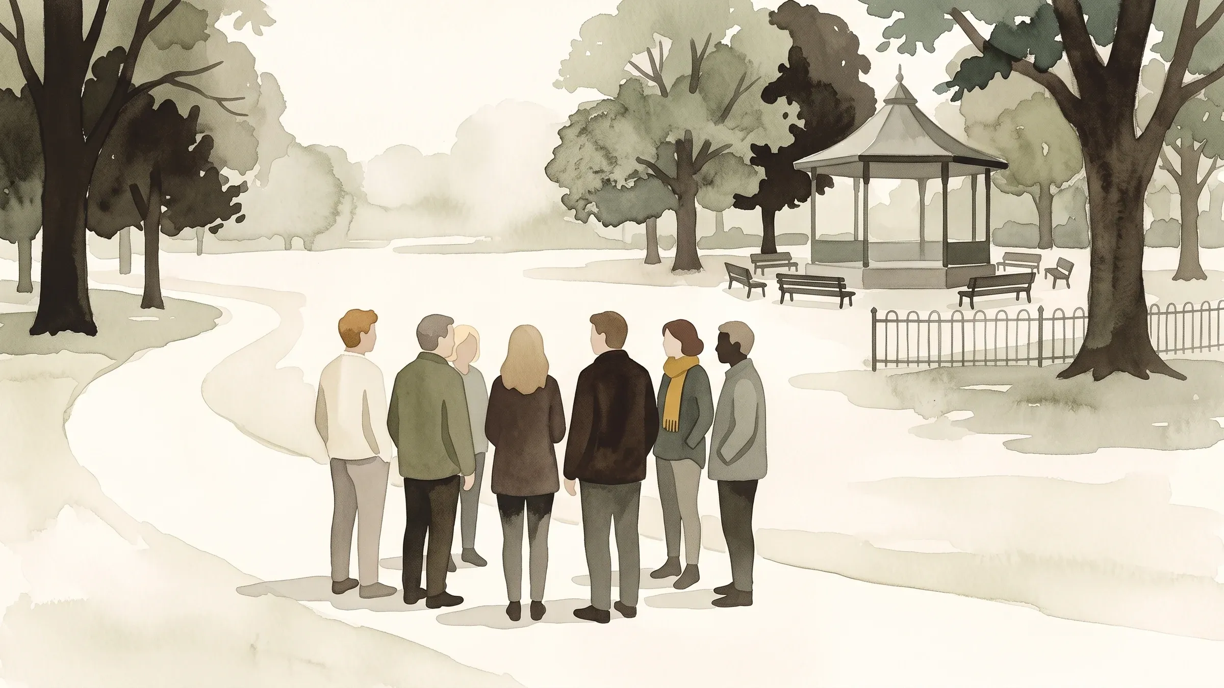 A watercolour illustration of a group gathering by a park bandstand before setting off on a walk.