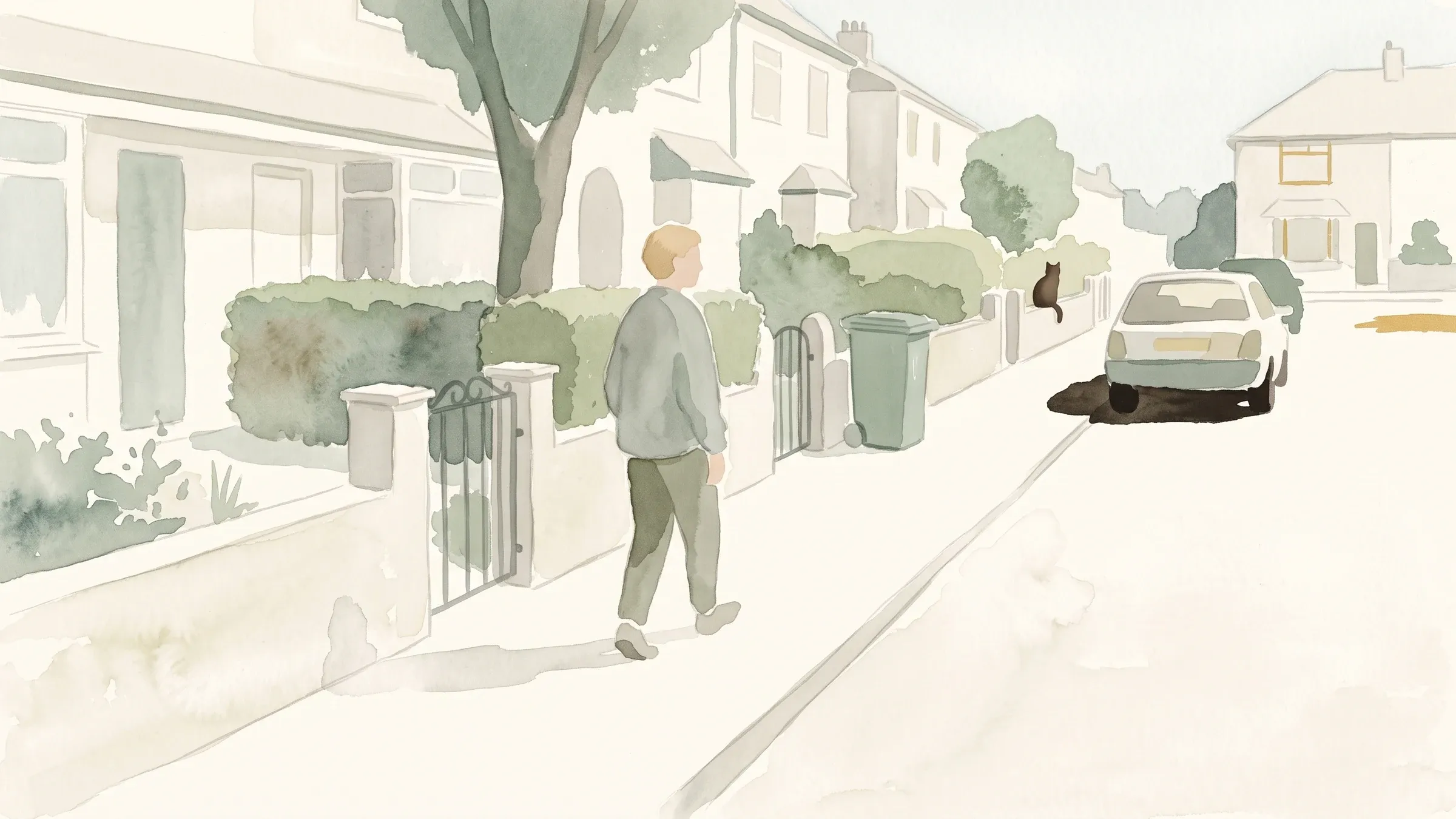 A watercolour illustration of a walker on a familiar suburban pavement past a row of front gardens.