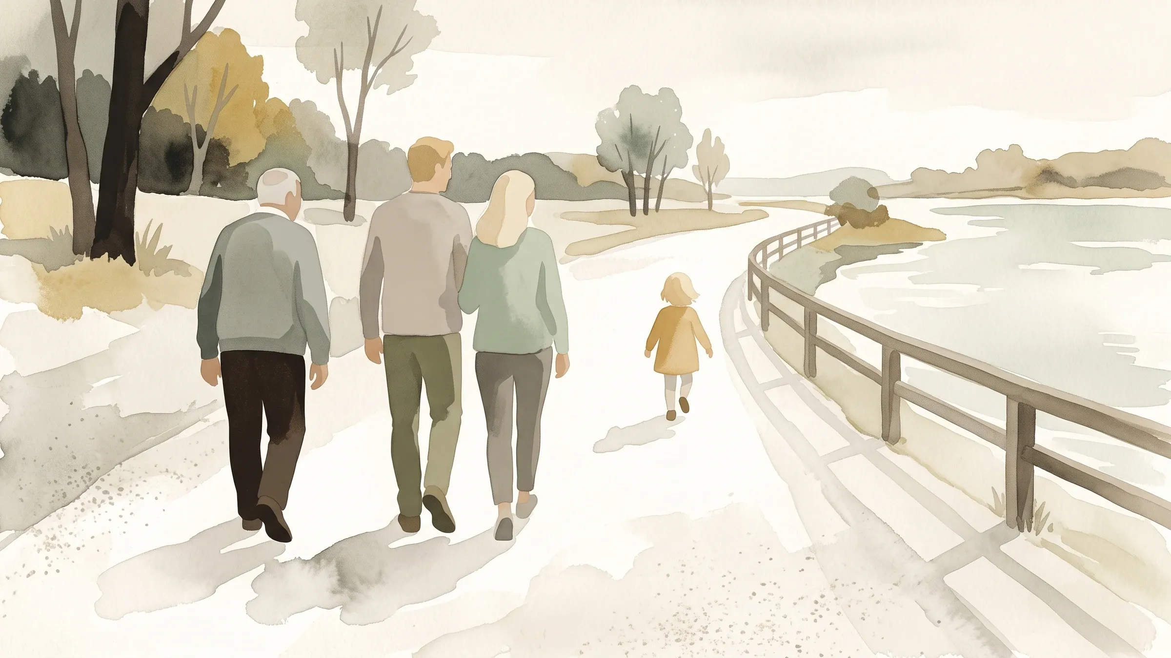 A watercolour illustration of three generations of a family walking together on a lakeside path.