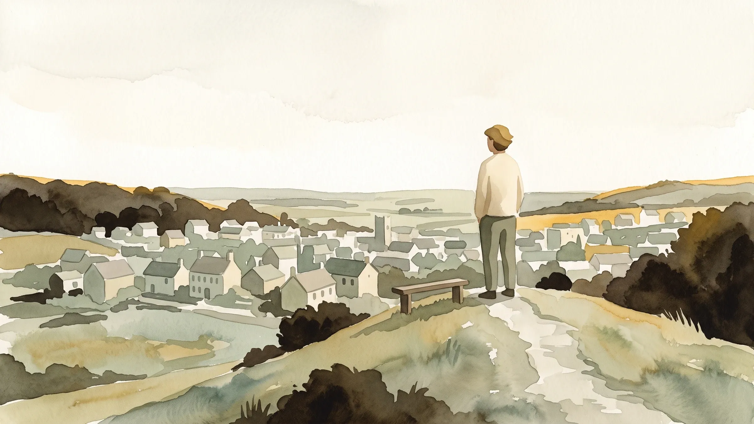 A watercolour illustration of a person pausing at a hilltop path, looking out over a small town below.