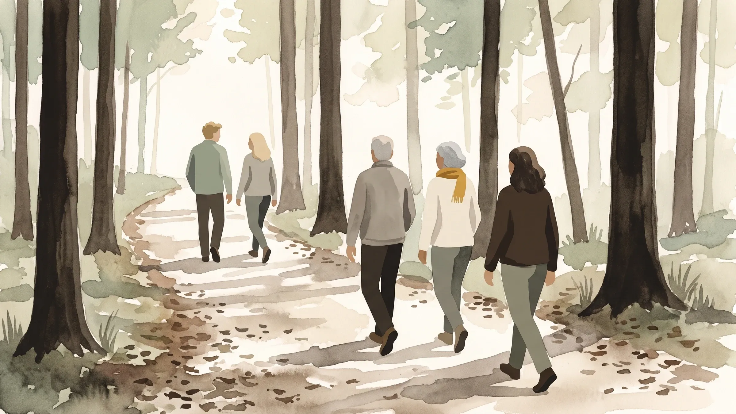 A watercolour illustration of five people walking a woodland trail, spaced naturally along the path.
