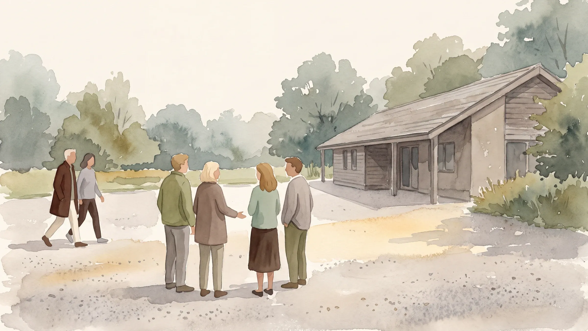 A watercolour illustration of six people gathering on the gravel forecourt of a low country park visitor centre before a group walk, two of them arriving to join the others.