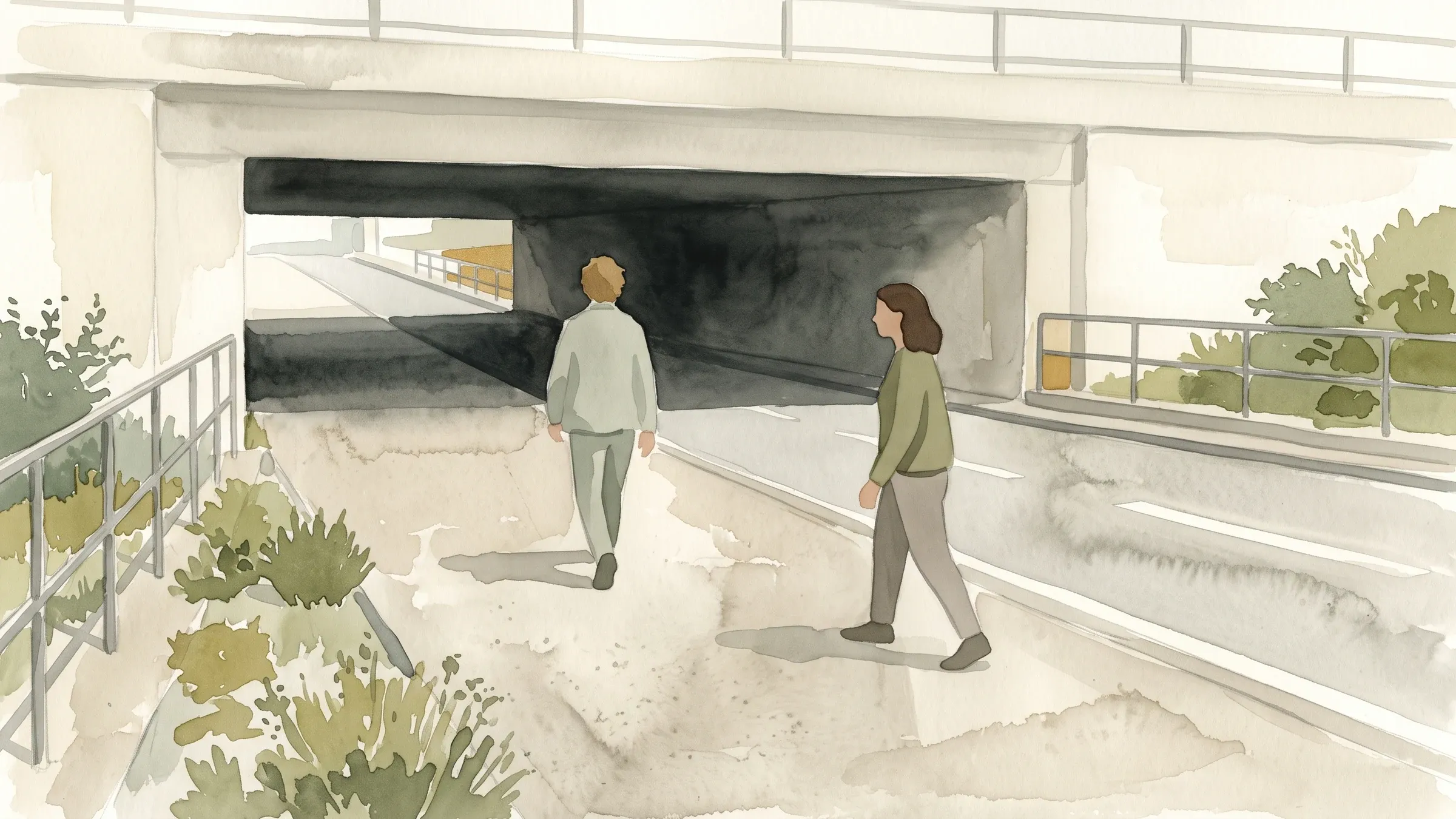 A watercolour illustration of people walking a plain concrete walkway beside a road and under a bridge.