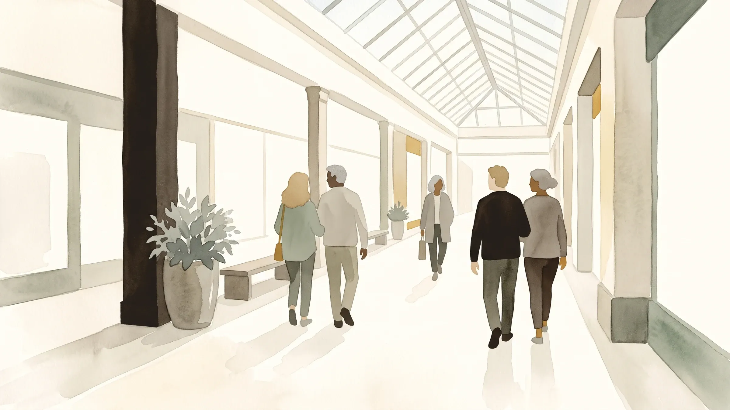 A watercolour illustration of people walking laps in a covered shopping arcade under a glazed roof.