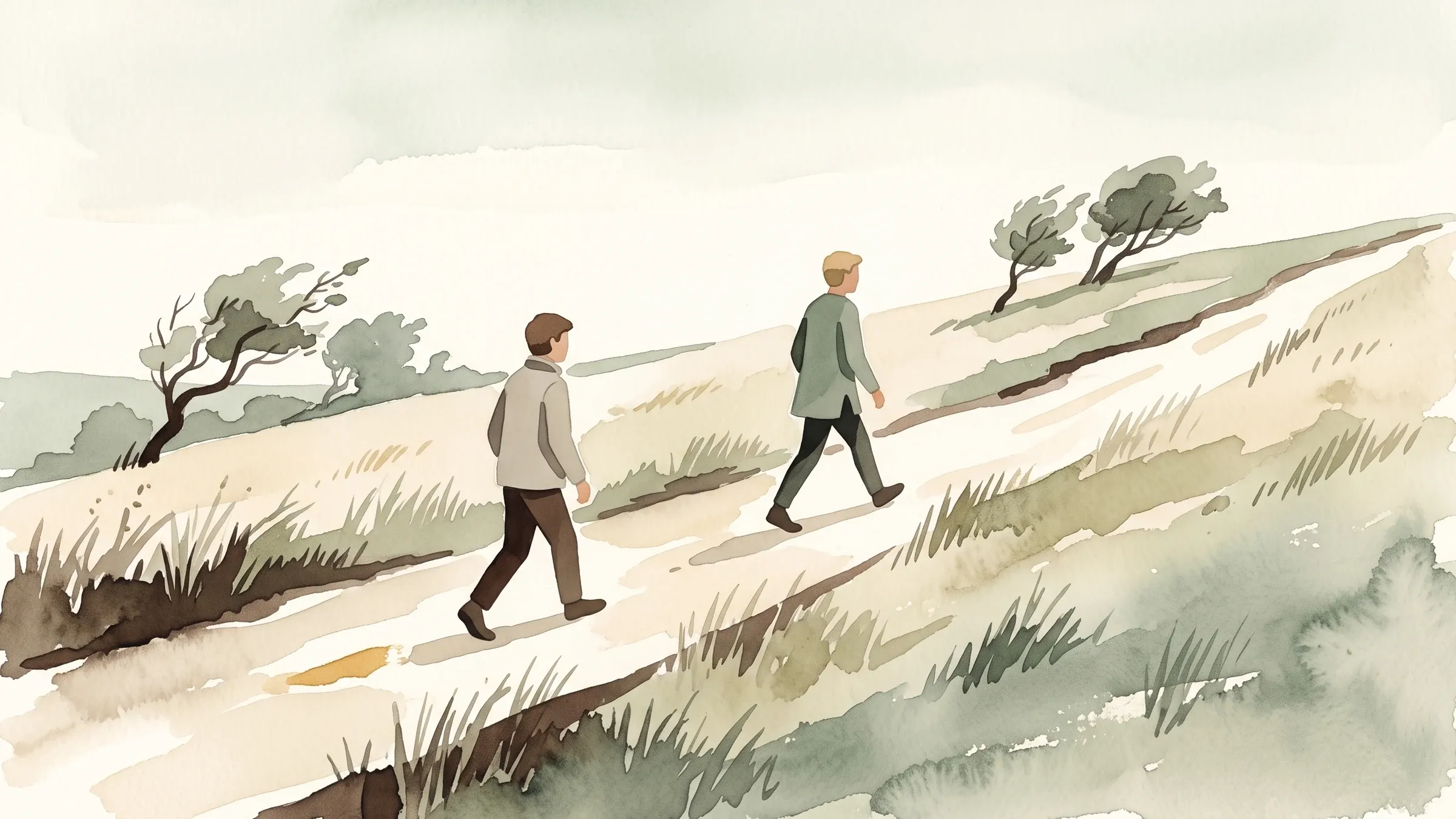 A watercolour illustration of two people walking a rising hillside path at different paces.