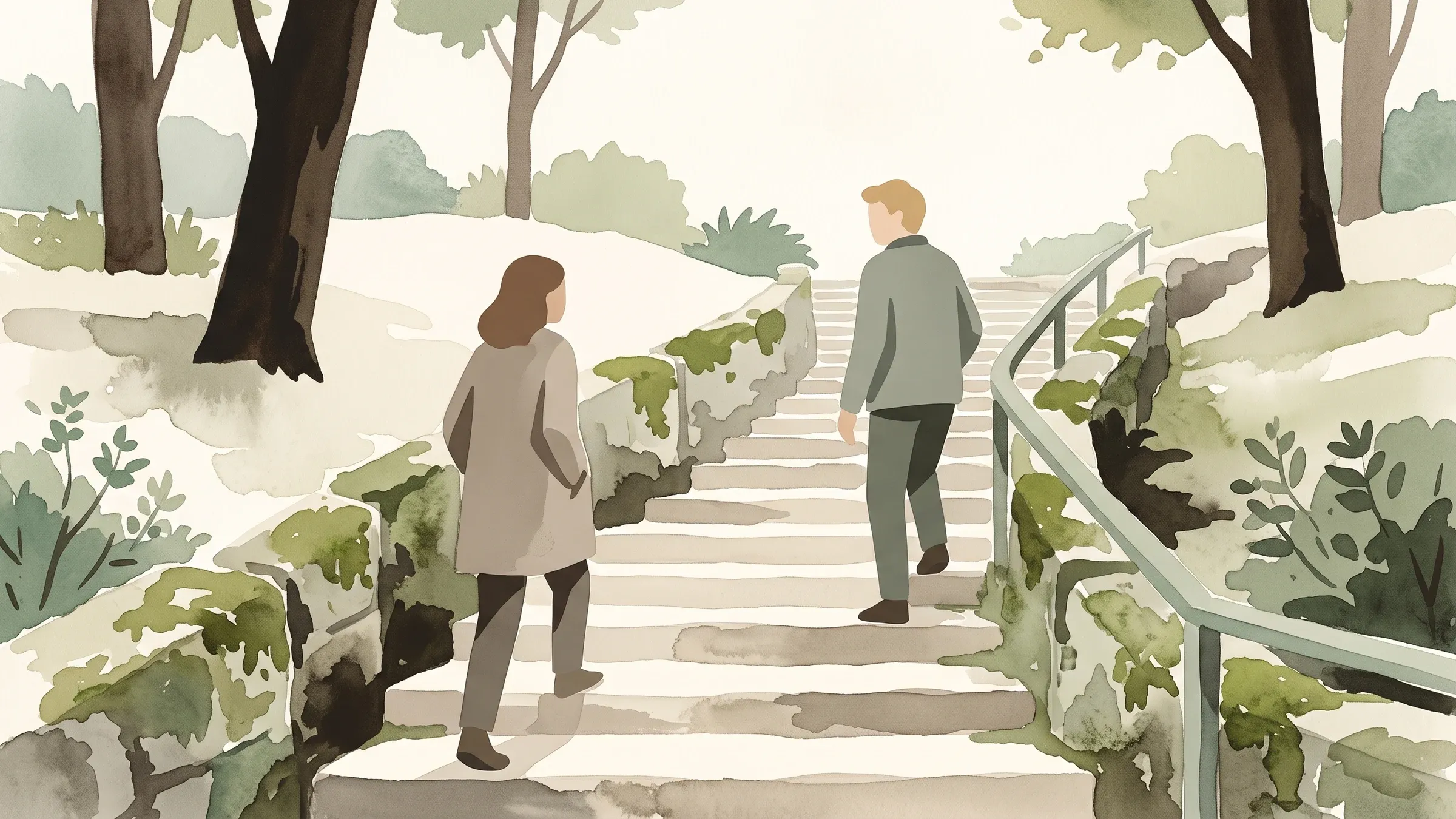 A watercolour illustration of one walker pausing on park steps to wait for a friend below.