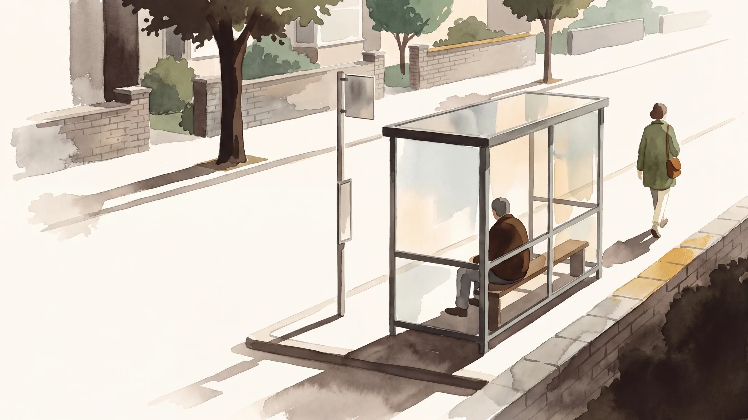 A watercolour illustration of a person walking past a bus shelter along a quiet suburban pavement in late afternoon light.