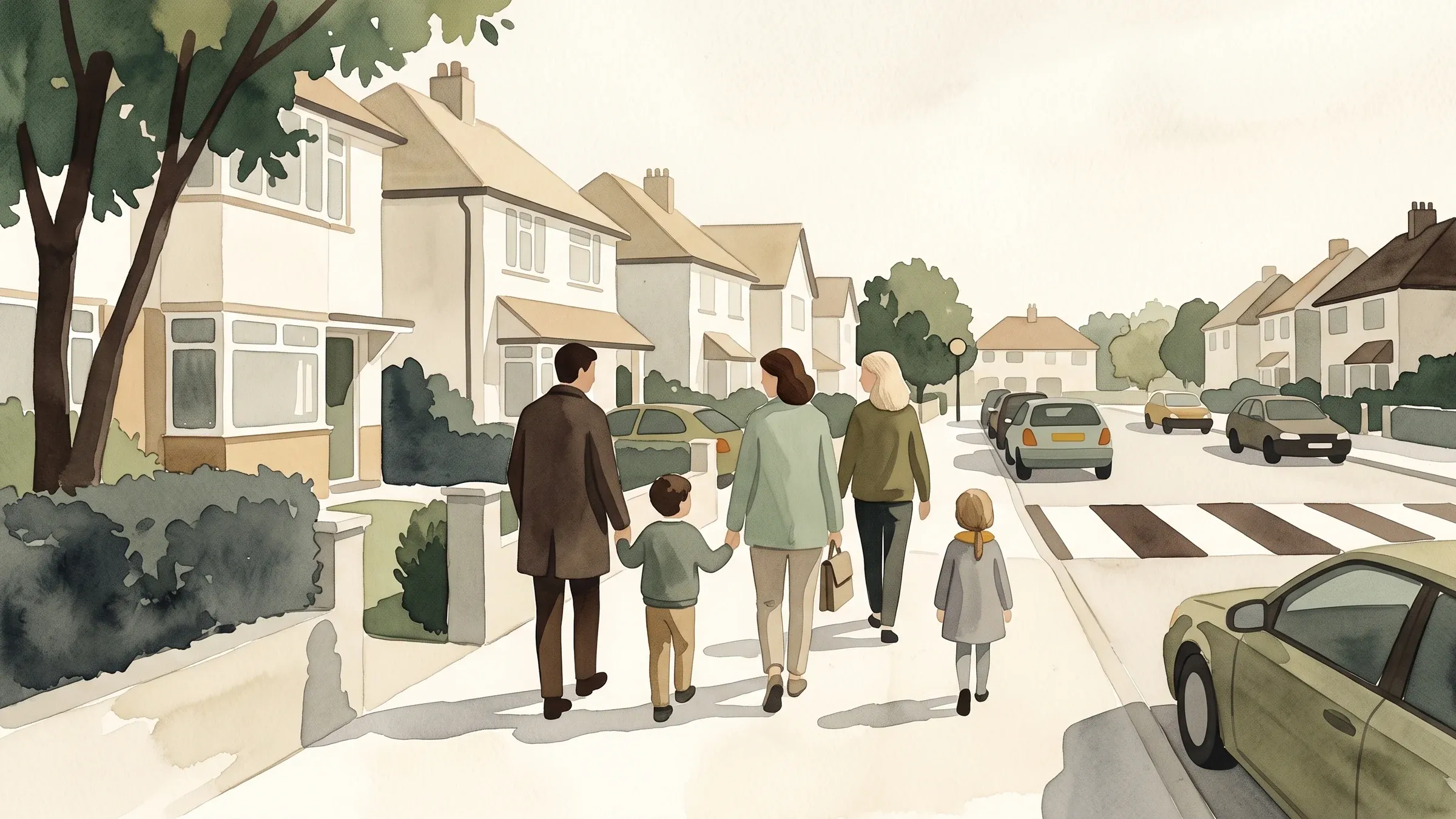 A watercolour illustration of adults and children walking together along a street on the school run.