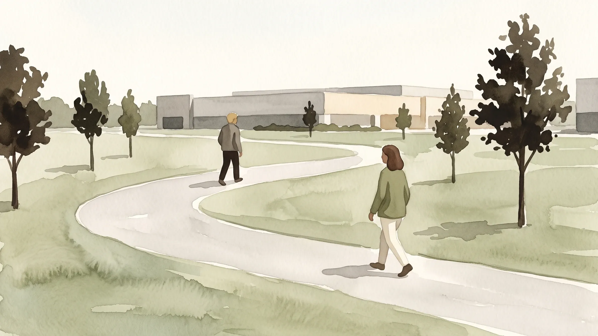 A watercolour illustration of two people walking a loop path around a low business park at midday.