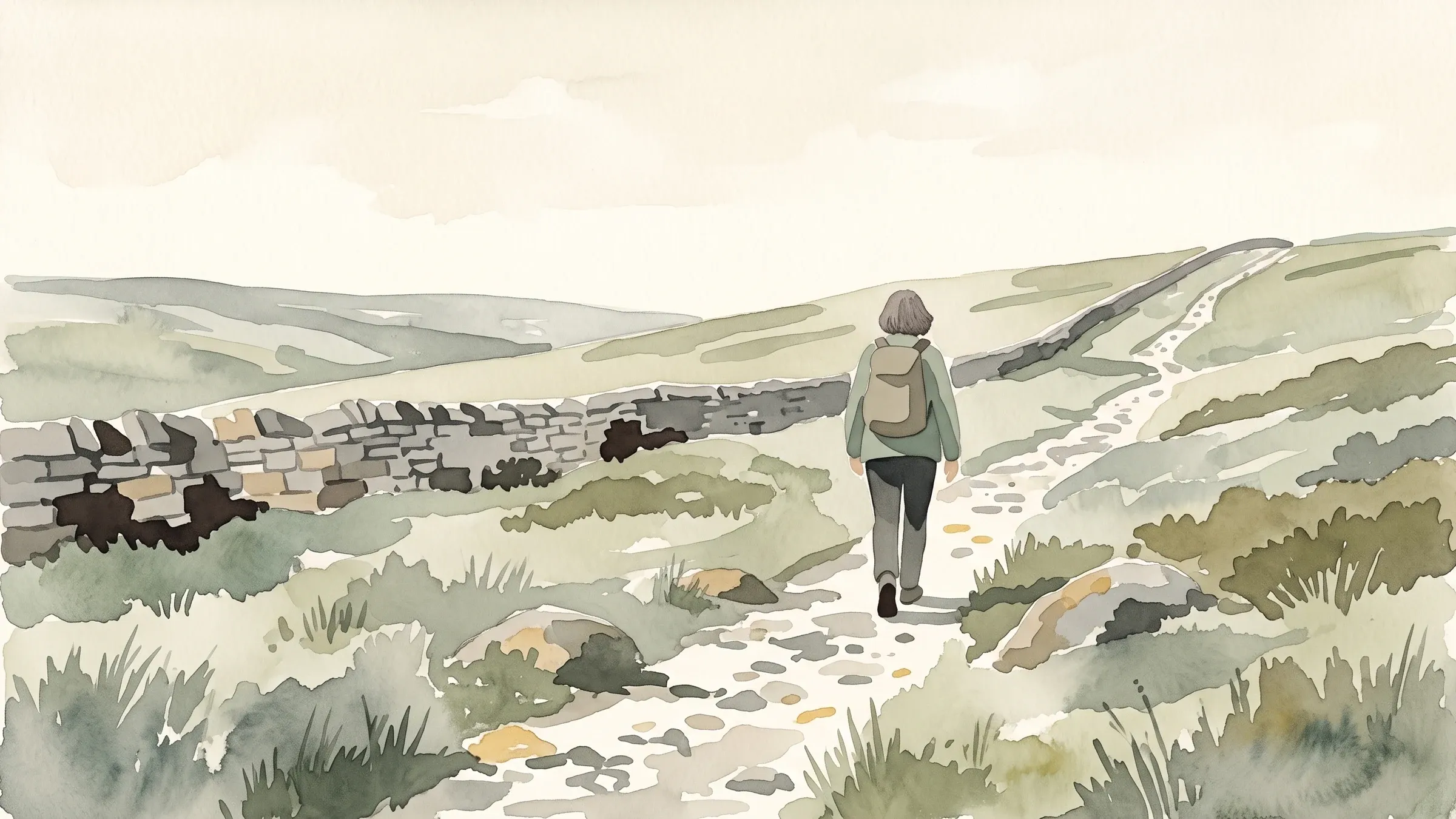 A watercolour illustration of a walker with a weighted pack on a stony moorland track.