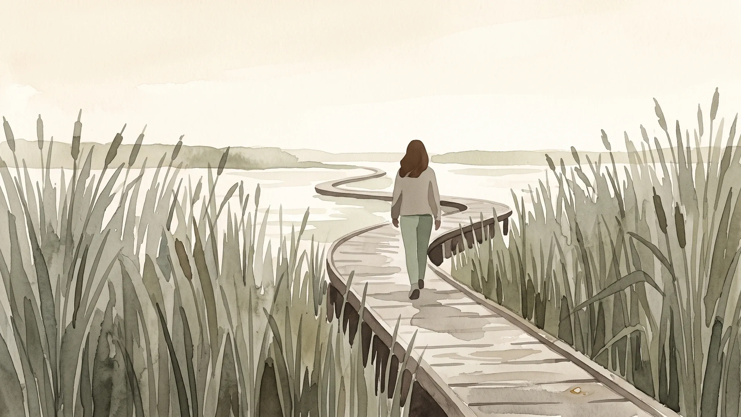 A watercolour illustration of a lone walker on a timber boardwalk winding through tall reeds.