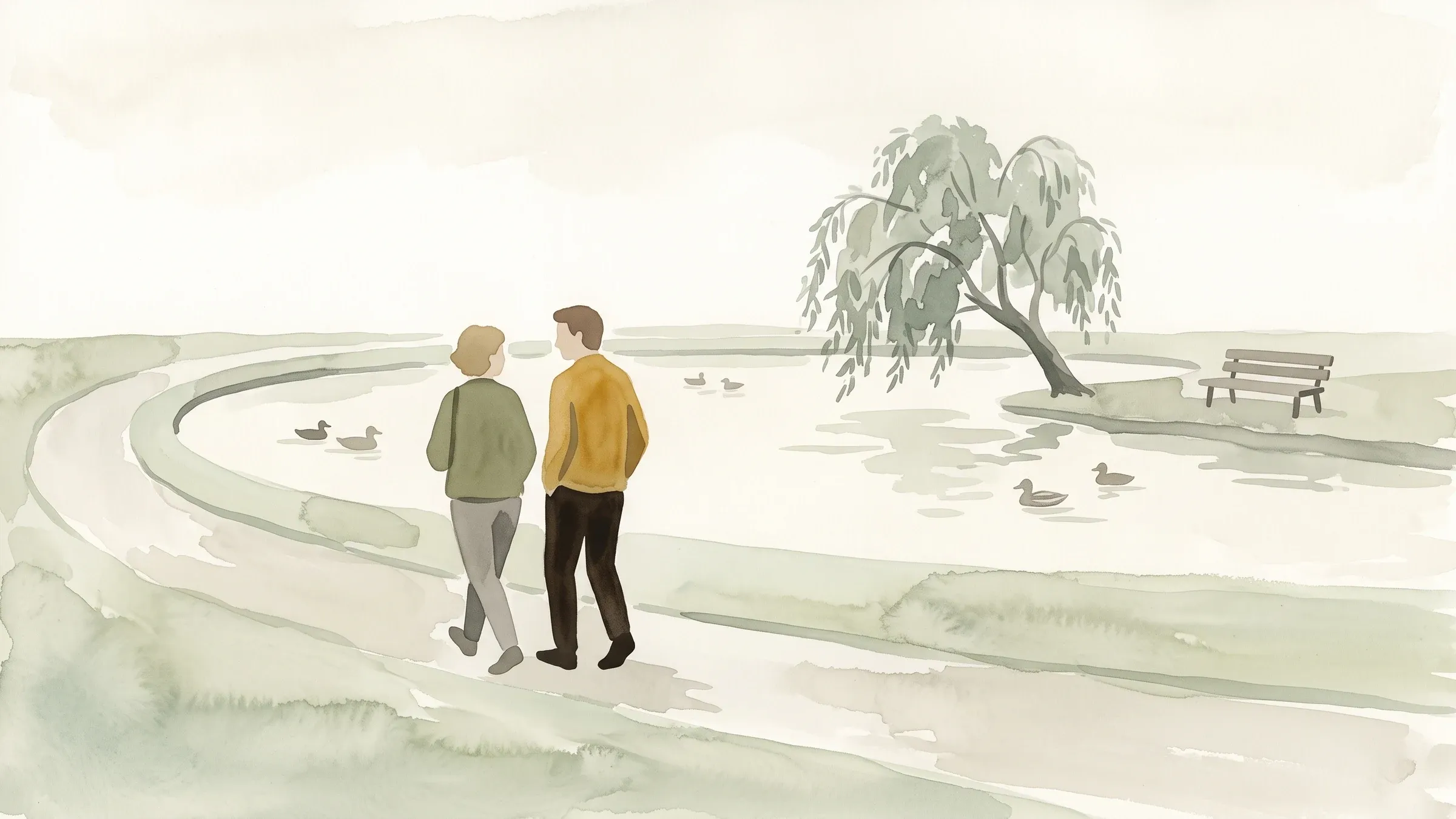 A watercolour illustration of two friends walking a path around a small park pond.