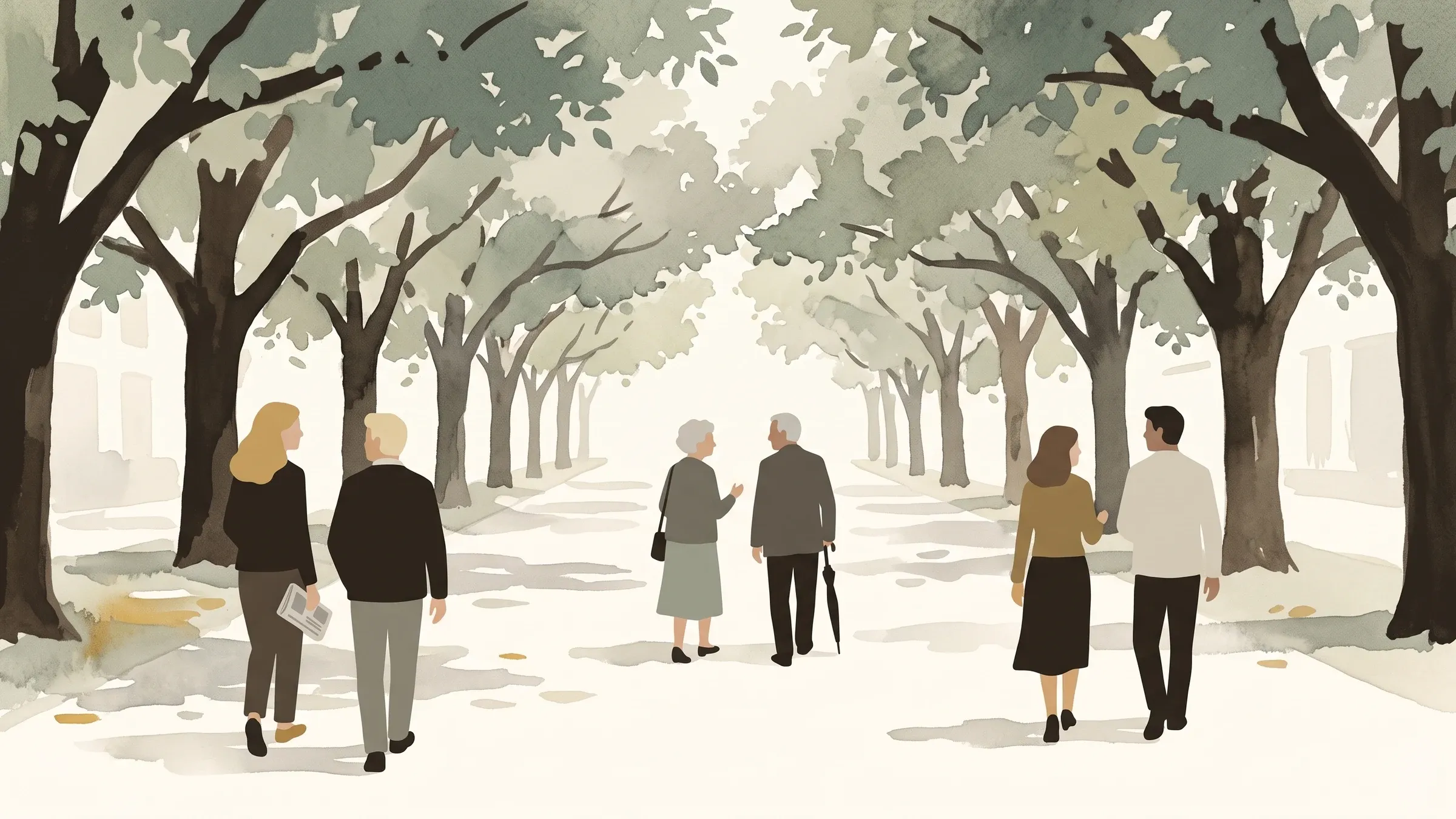 A watercolour illustration of pairs of people walking a tree-lined avenue in dappled summer light.