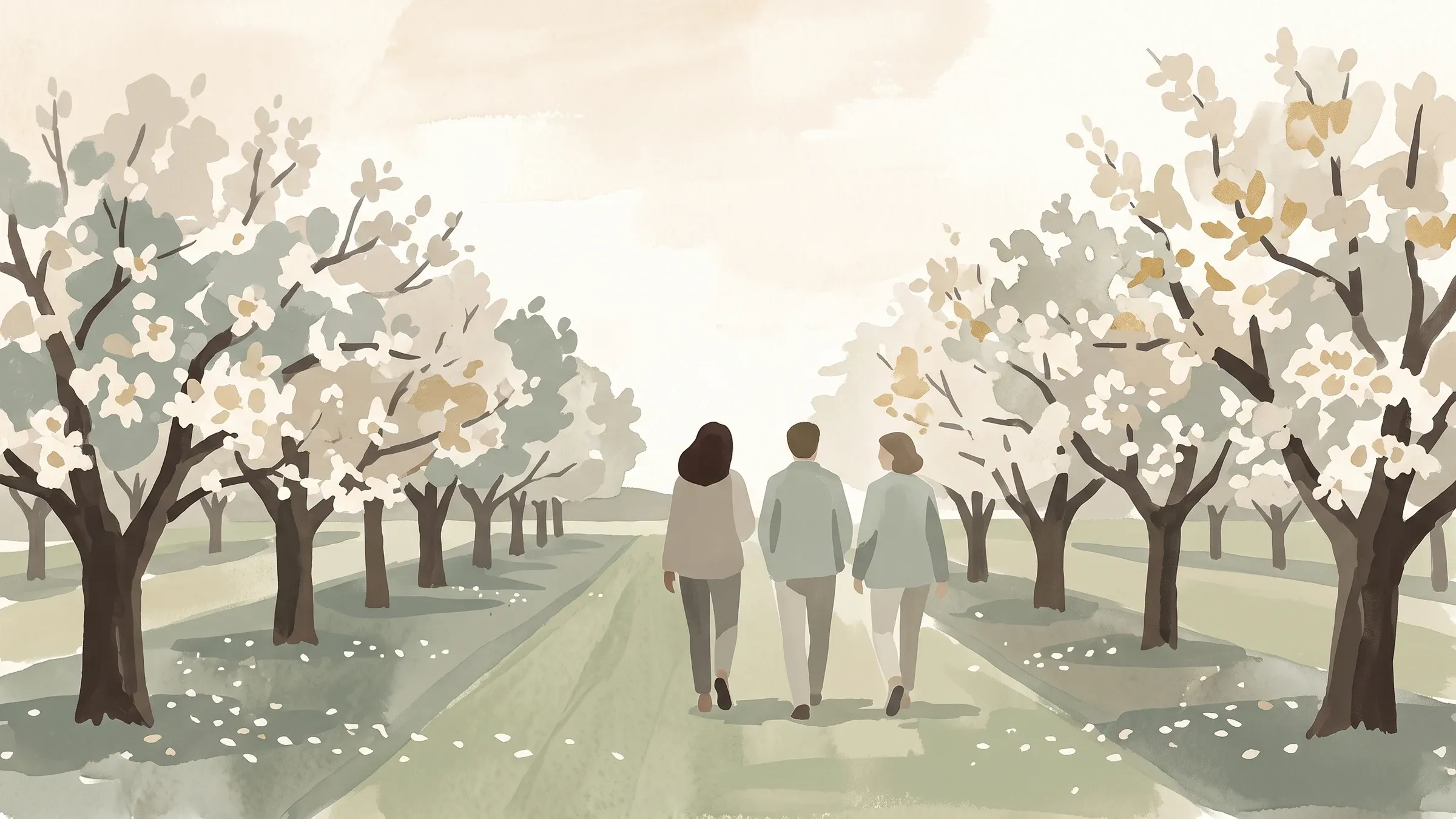 A watercolour illustration of two friends walking a grass path through an orchard in blossom.