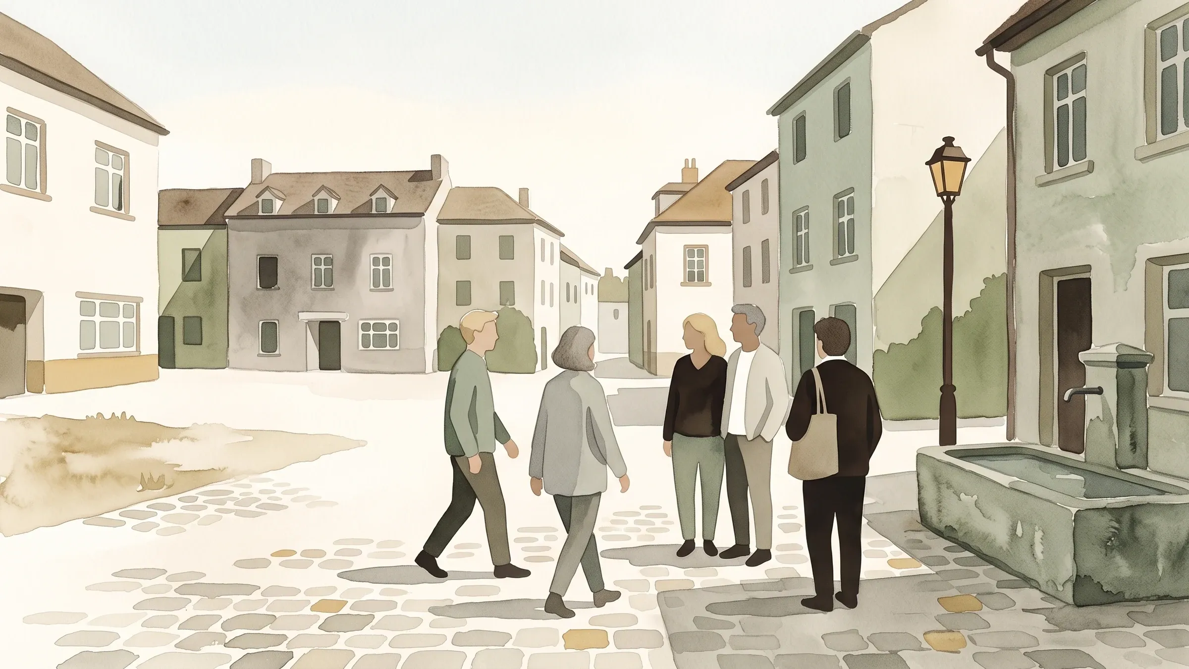 A watercolour illustration of five people meeting in a cobbled market square to begin a walk.