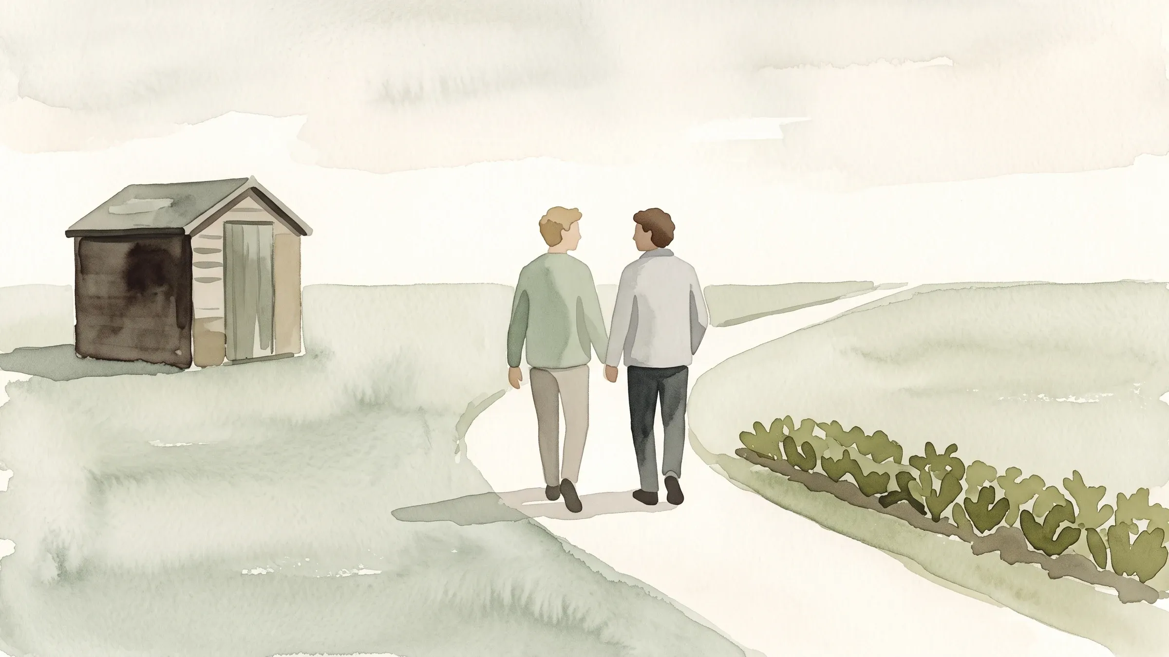 A watercolour illustration of two friends walking a broad grass path between simple allotment plots.