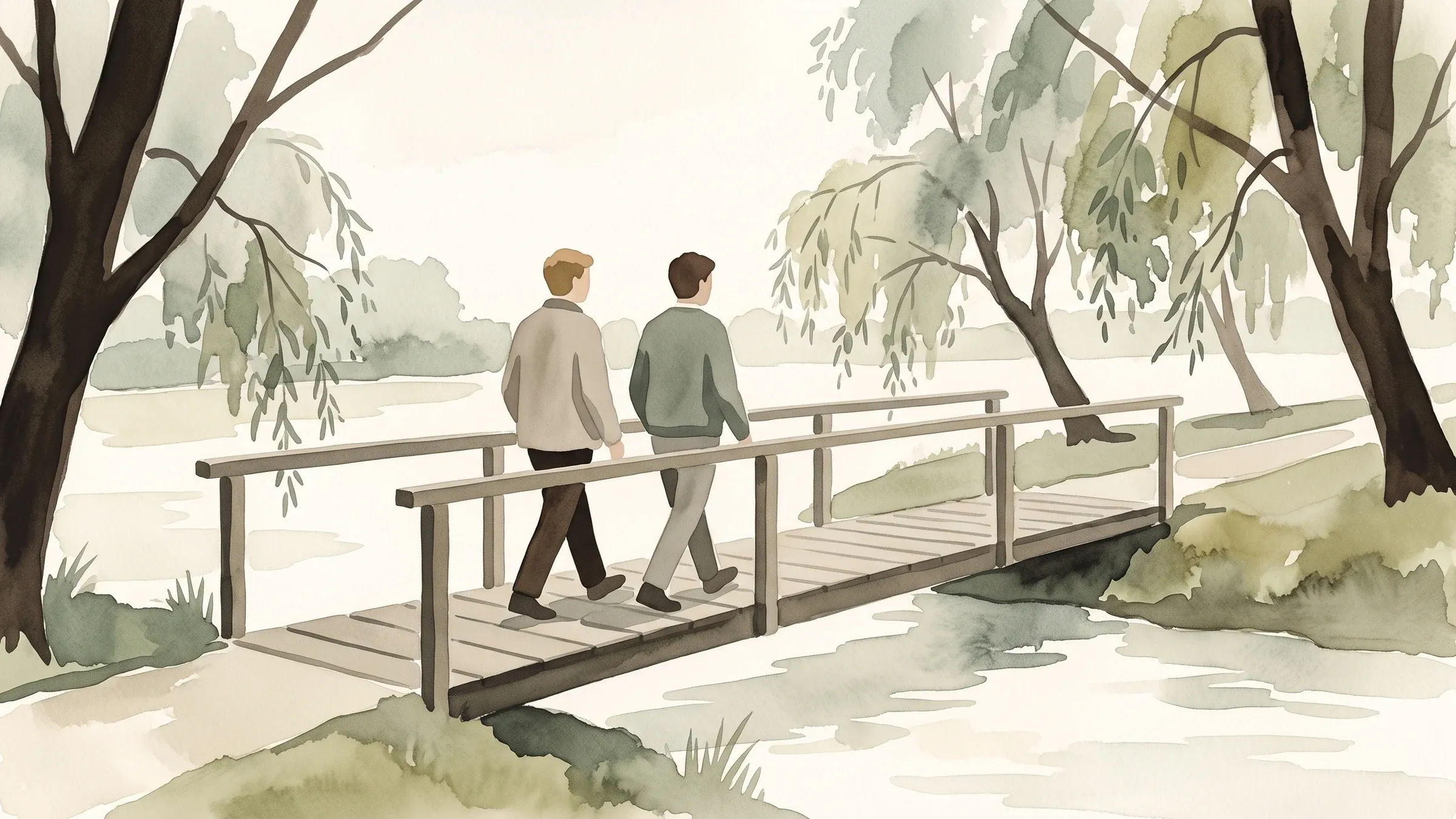 A watercolour illustration of two friends crossing a footbridge side by side in matched stride.