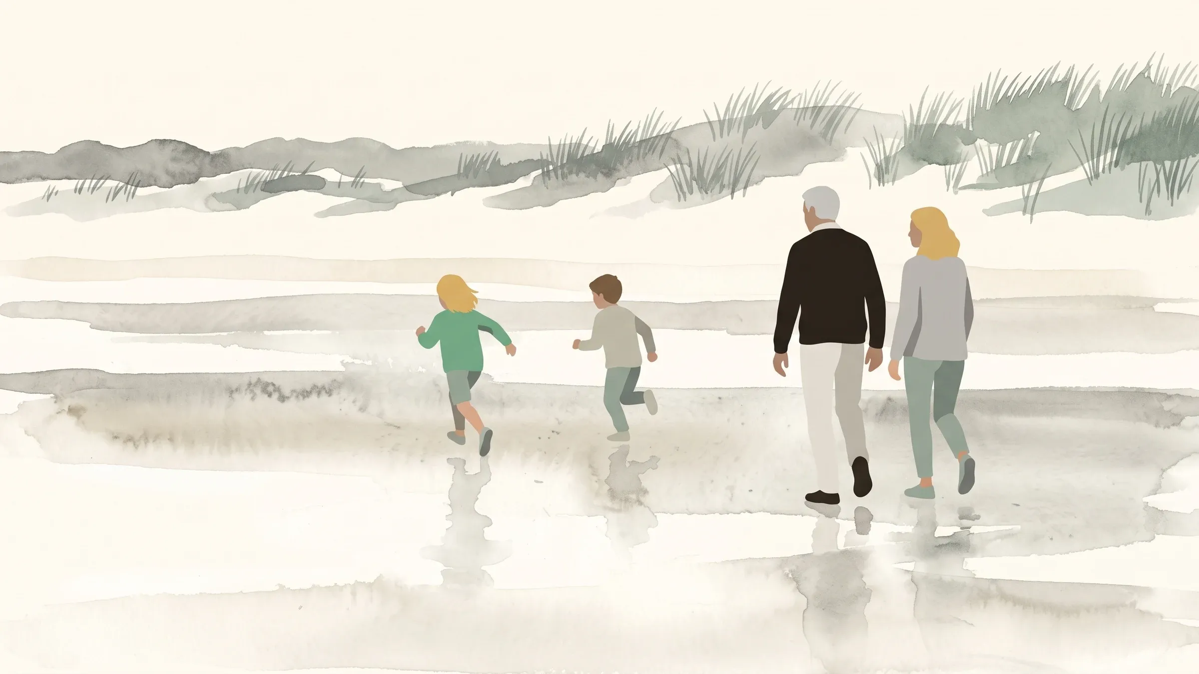 A watercolour illustration of a family of four walking across a wide beach at low tide.