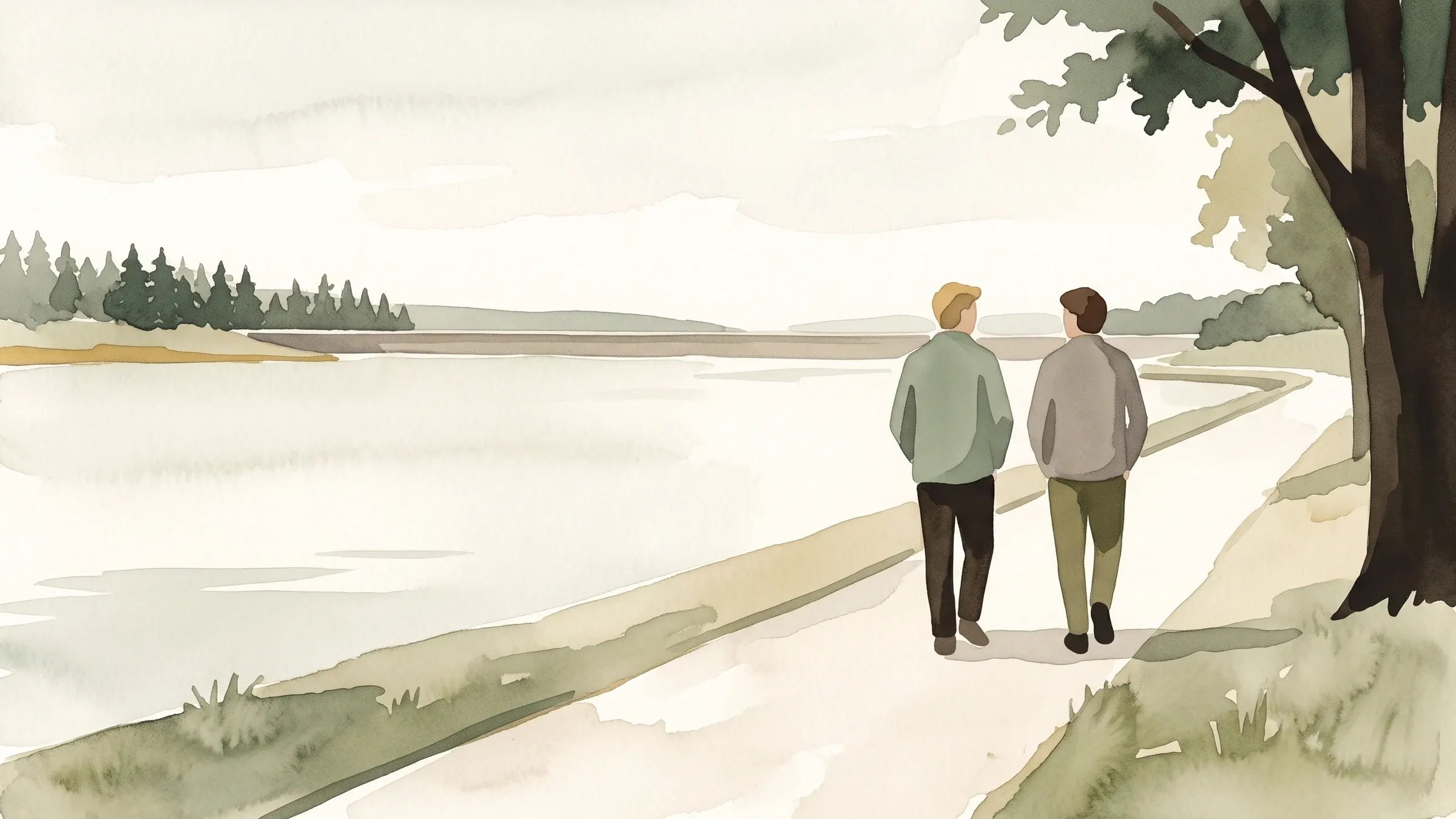 A watercolour illustration of two friends walking a gravel path beside a large reservoir.