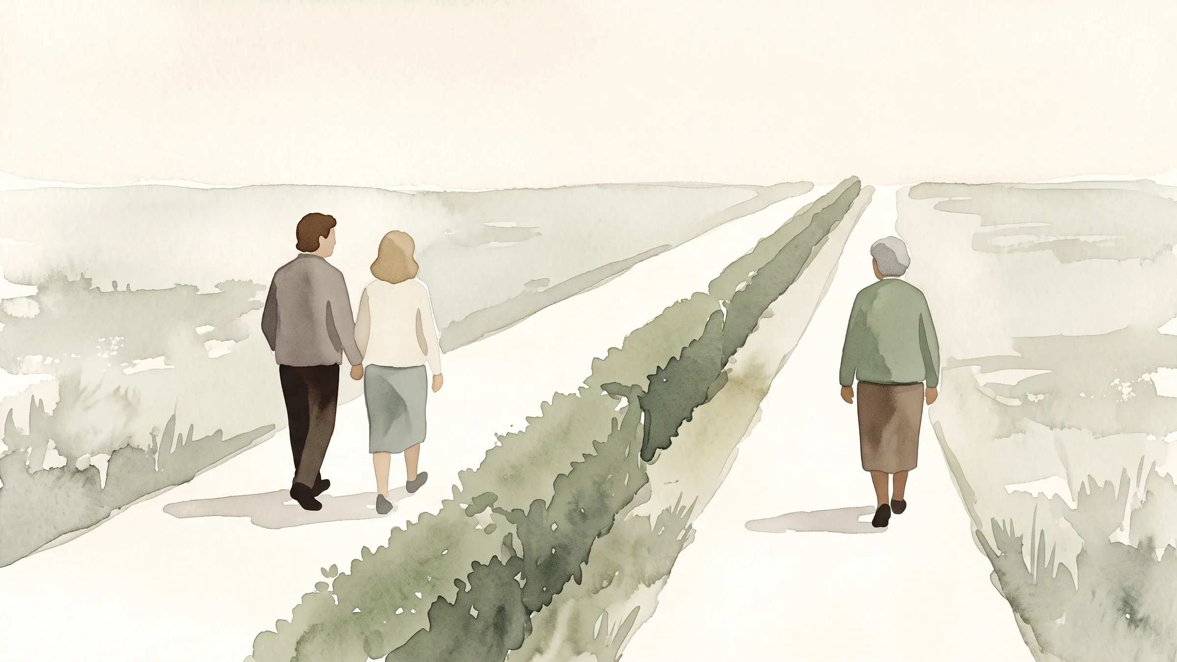 A watercolour illustration of walkers on two parallel paths divided by a low hedge.
