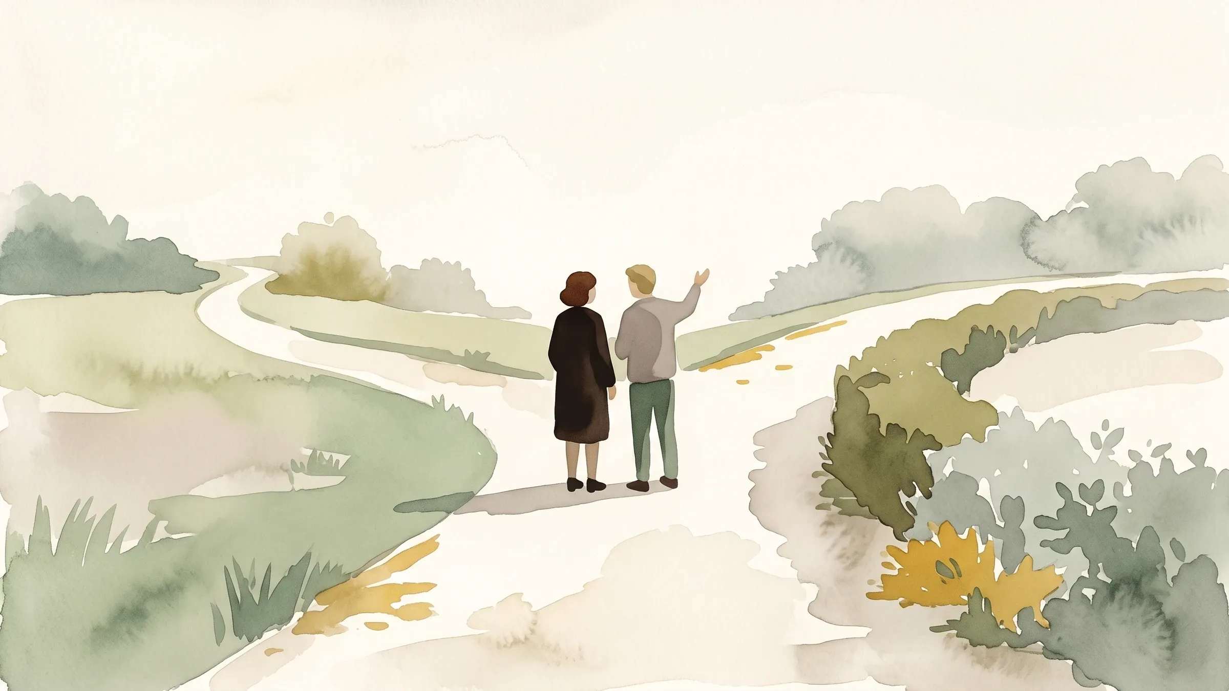 A watercolour illustration of two people pausing where a footpath forks into two routes.