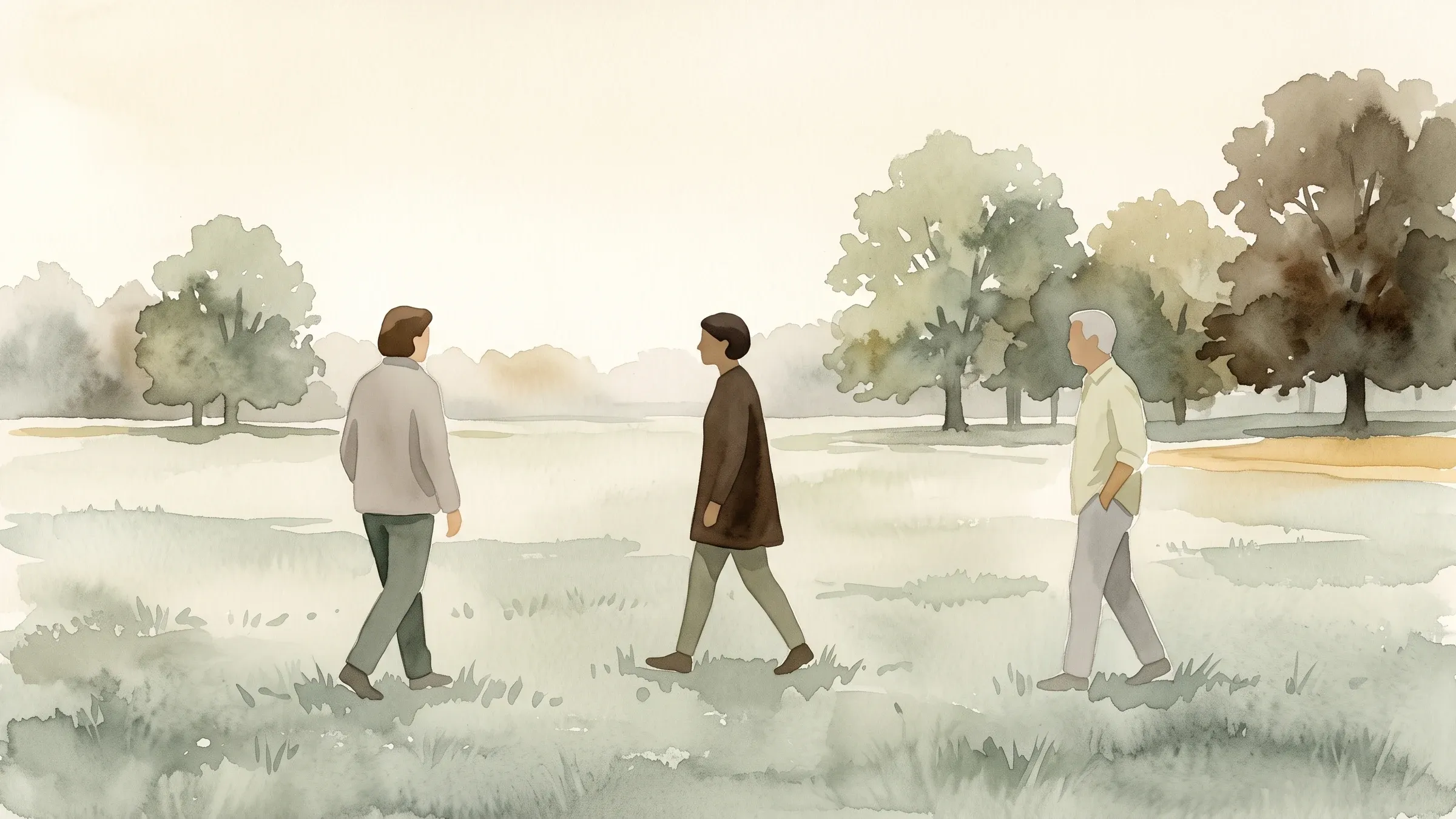 A watercolour illustration of three people moving slowly through dewy parkland at first light.