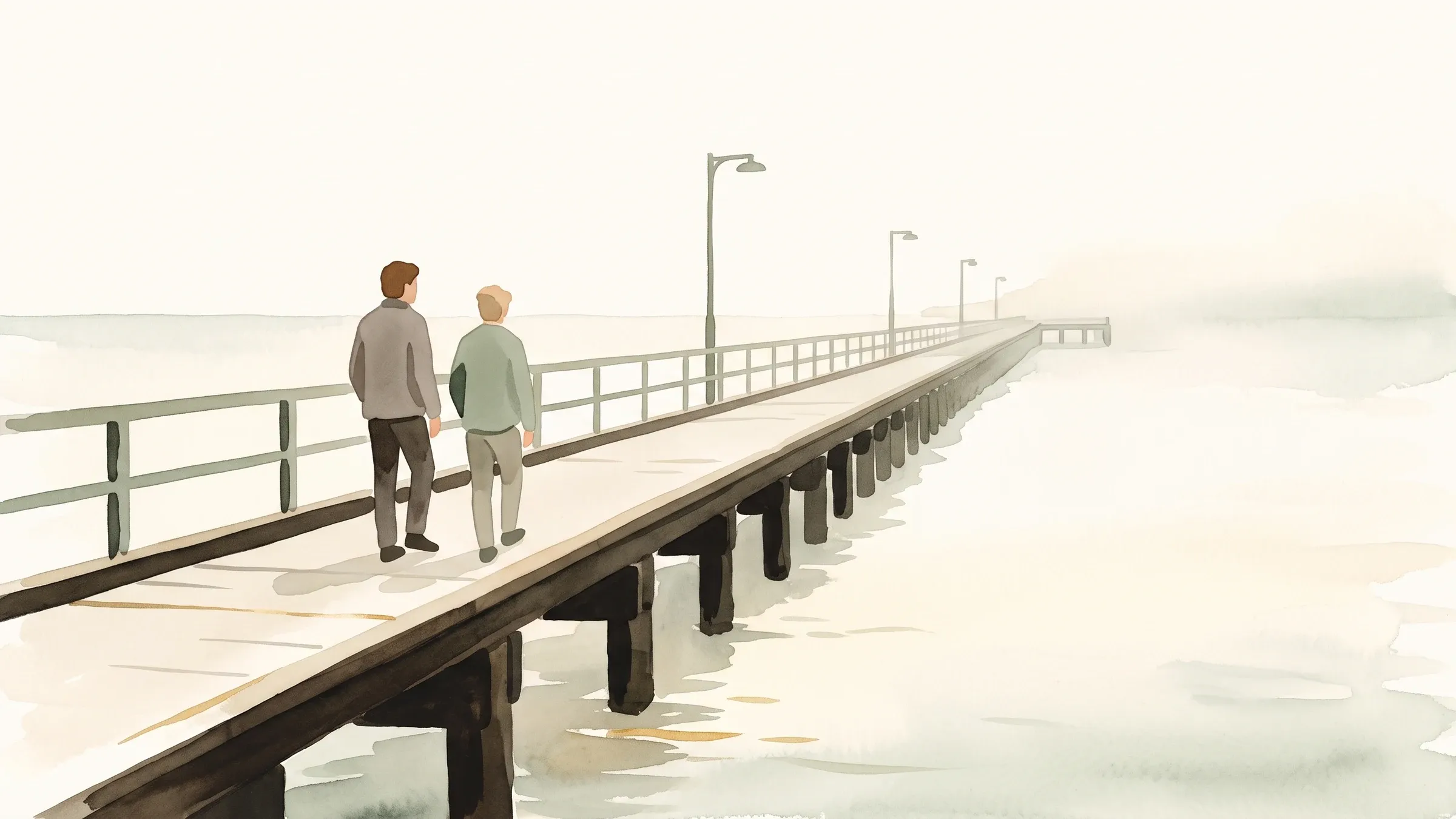 A watercolour illustration of two friends walking out along a long timber pier over calm water.