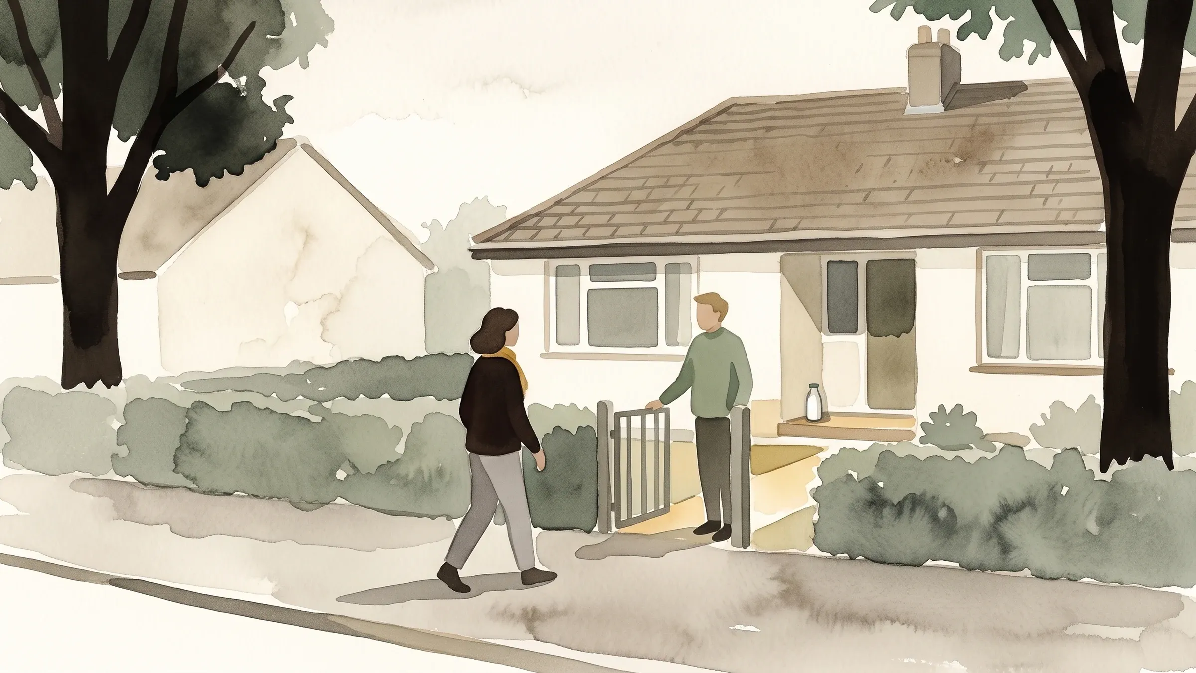 A watercolour illustration of one person waiting at a garden gate as another walks up to meet them.