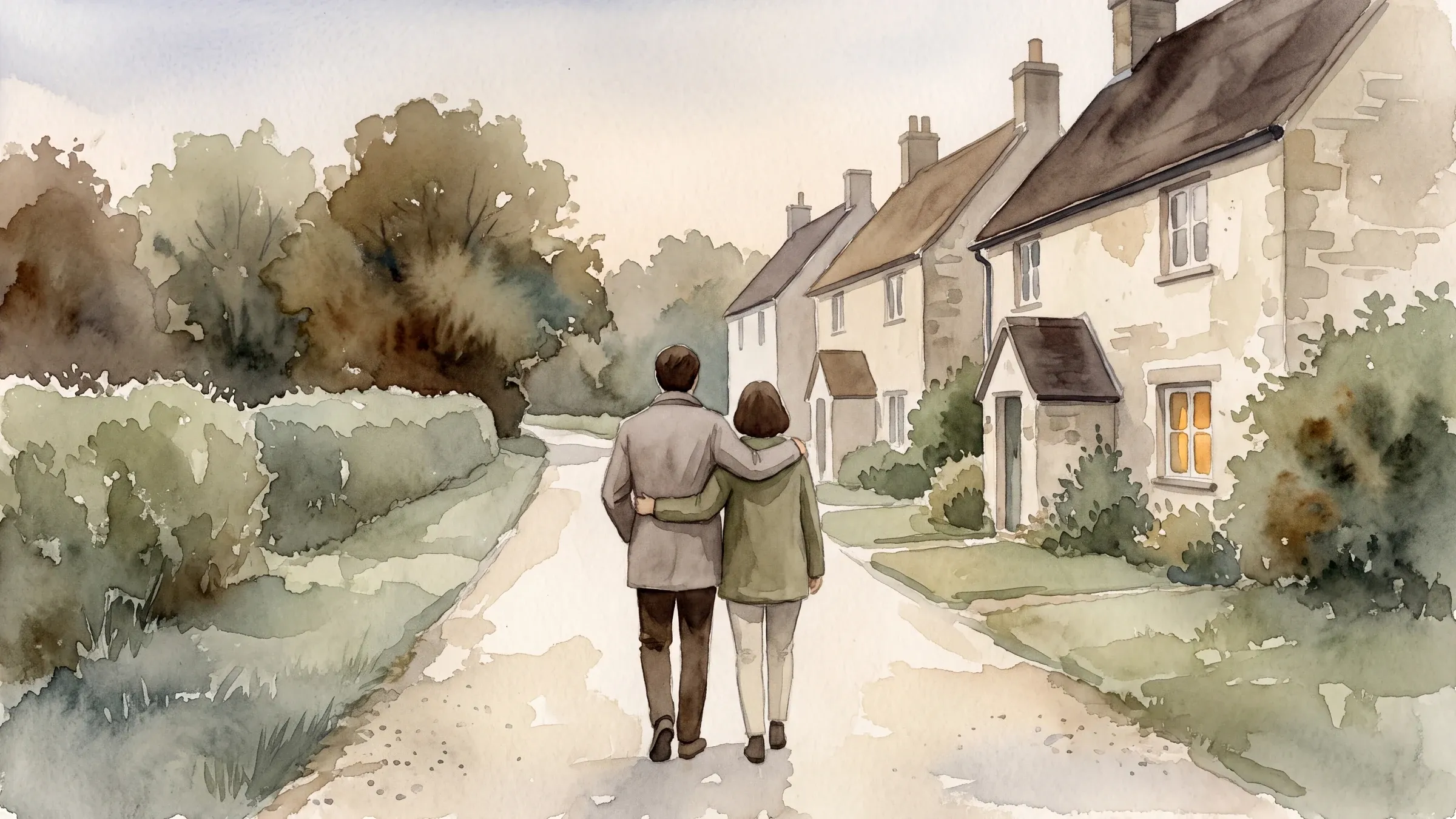 A watercolour illustration of two people strolling arm in arm down a quiet village lane past a row of cottages in the early evening after dinner.