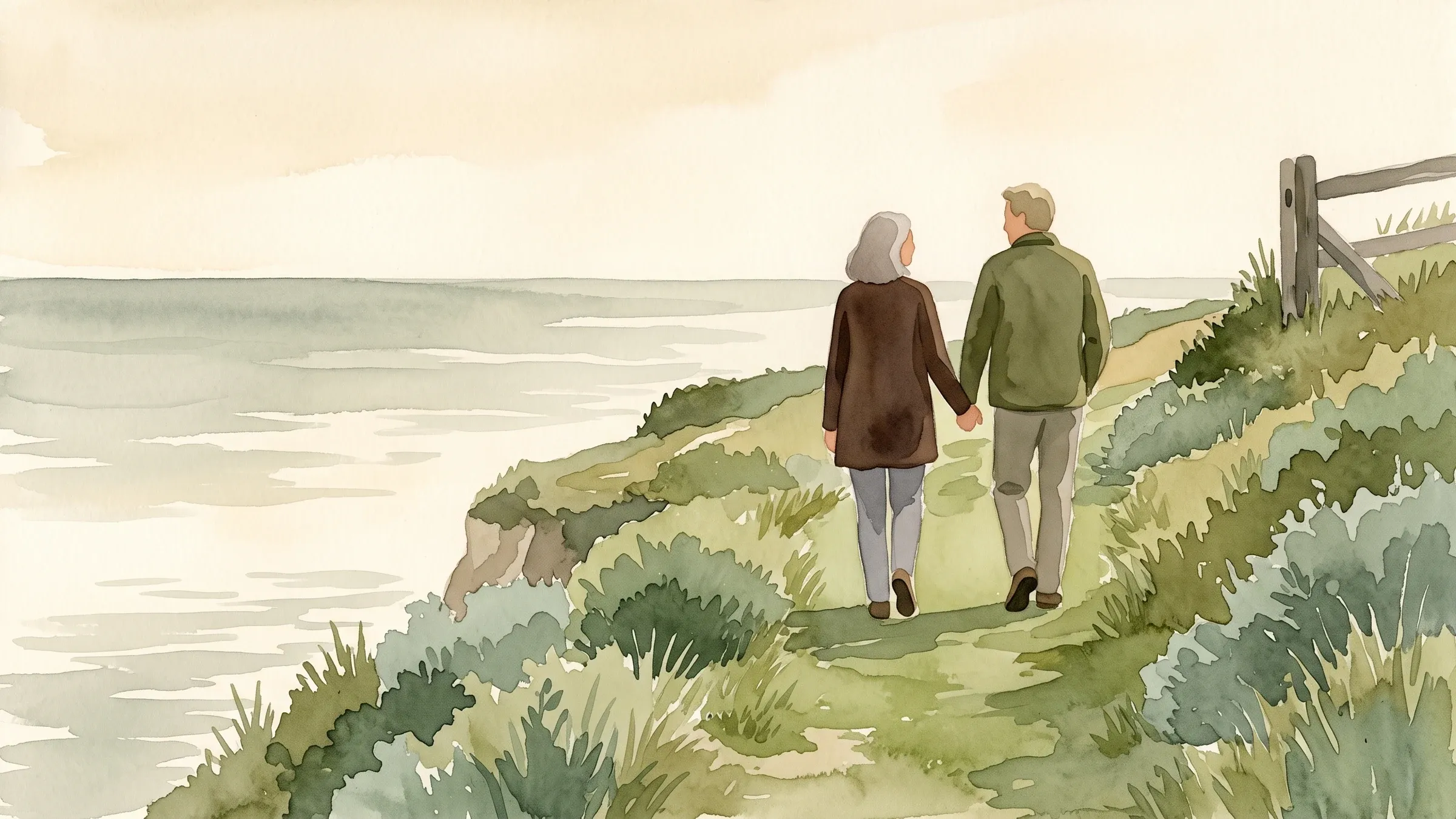 A watercolour illustration of a couple walking a grassy clifftop path above the sea in late light.