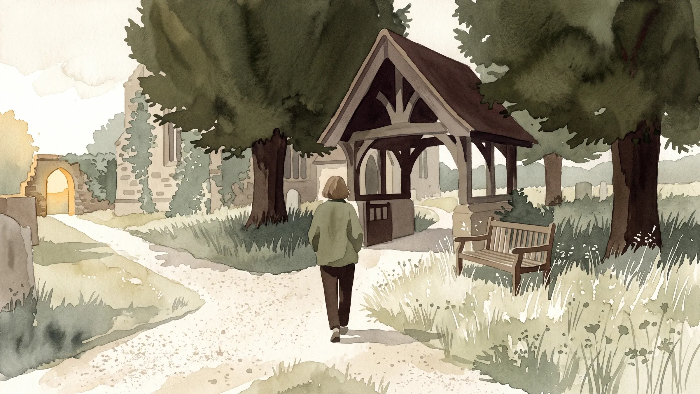 A watercolour illustration of a single unhurried walker on a gravel path through a quiet churchyard.