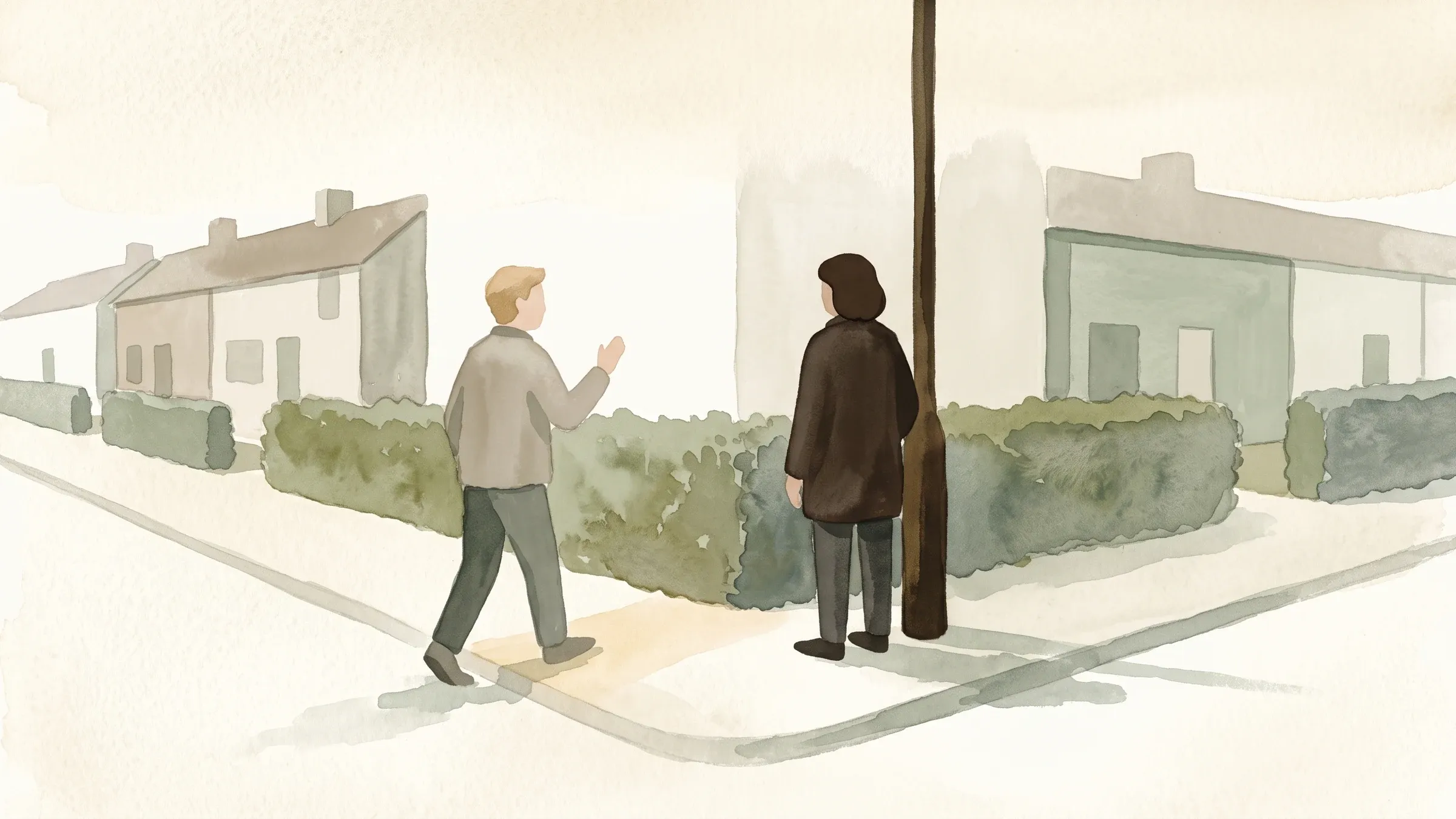 A watercolour illustration of two people meeting at a street corner to begin a walk together.