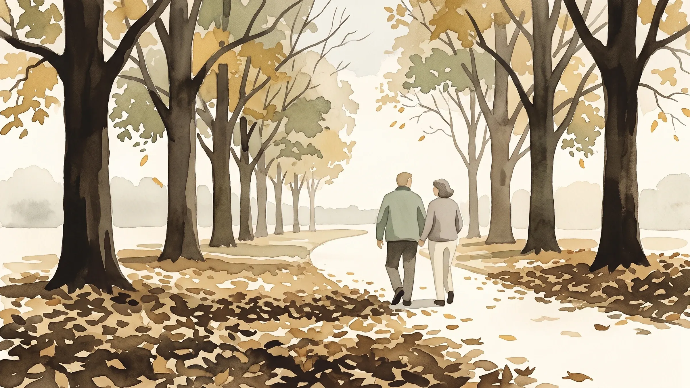 A watercolour illustration of a couple walking through deep fallen leaves along an avenue of plane trees.