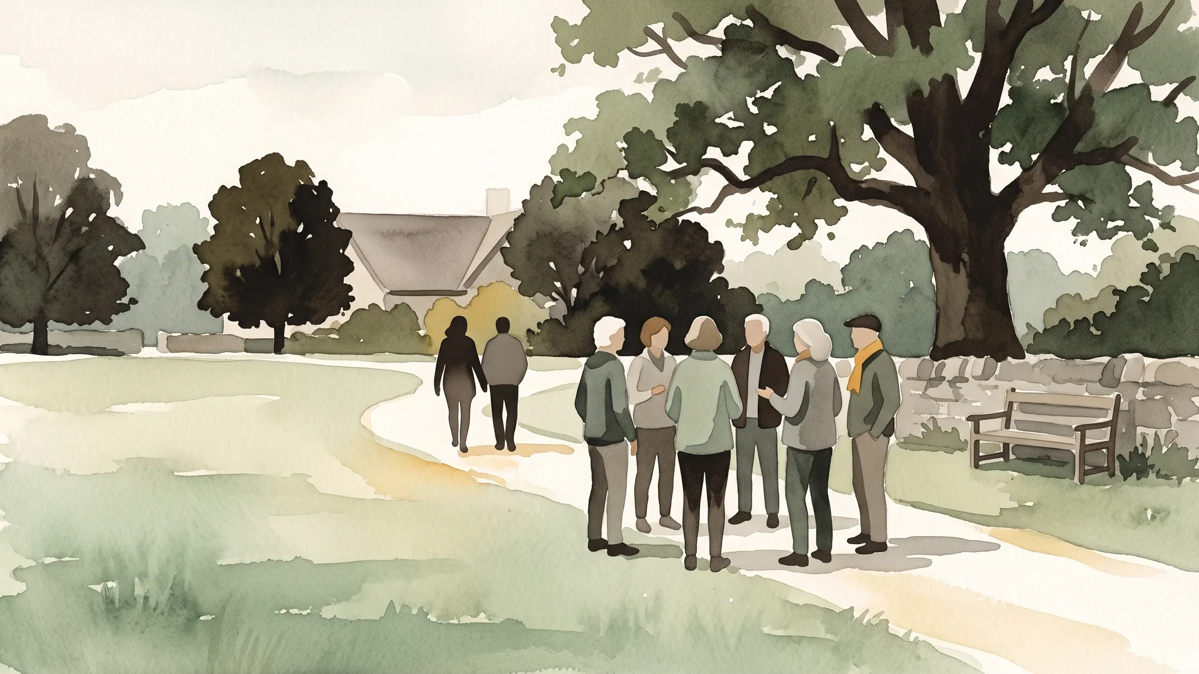 A watercolour illustration of a walking club gathering on a village green before setting off.