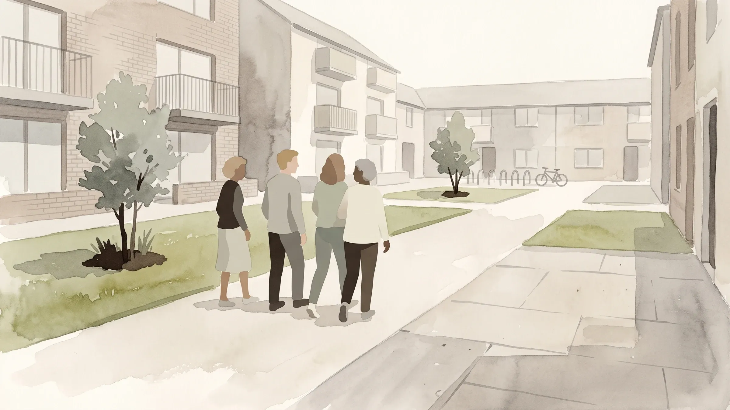 A watercolour illustration of four neighbours setting off together across a shared green between flats.