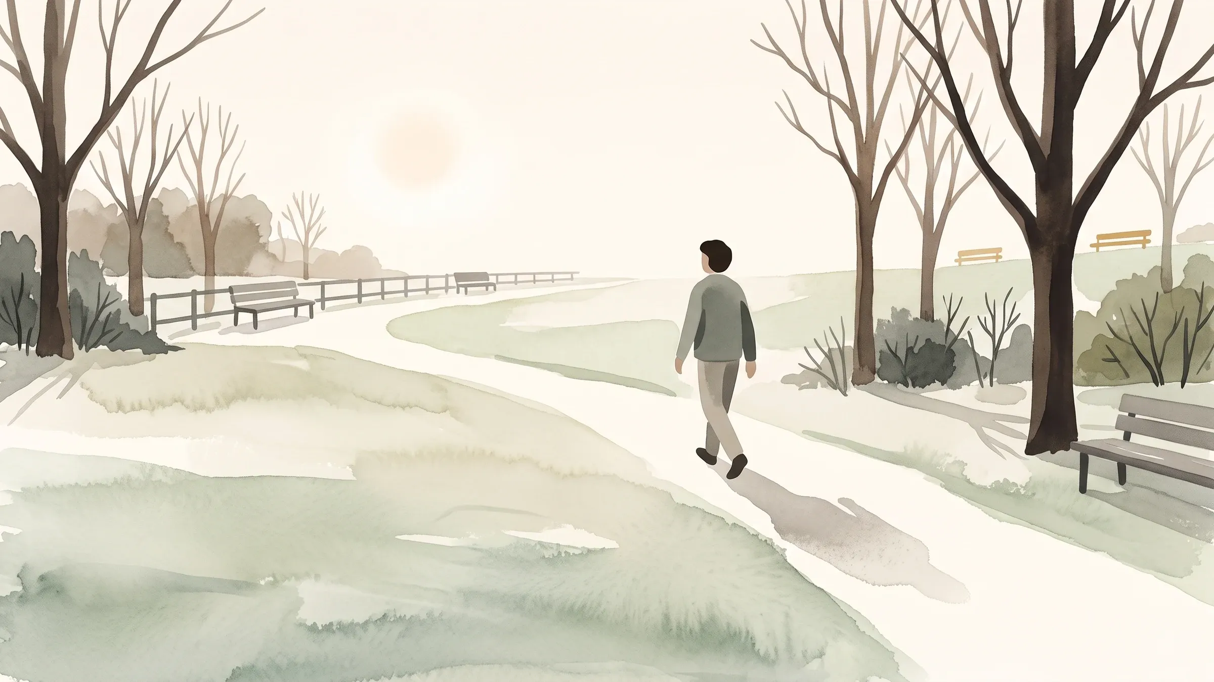 A watercolour illustration of a lone walker on a path through a bare winter park in soft low sun.