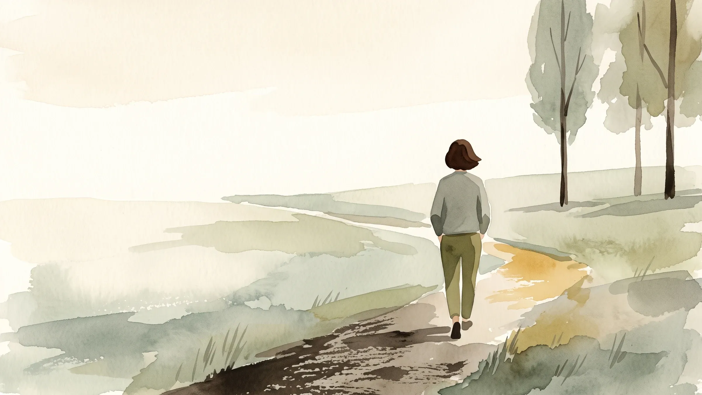 A watercolour illustration of a lone walker on an open grassland path in soft early morning light.