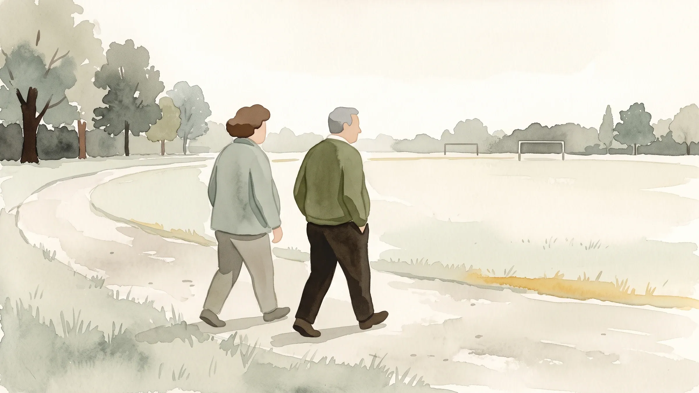 A watercolour illustration of two friends walking laps around the perimeter of a grass sports field.