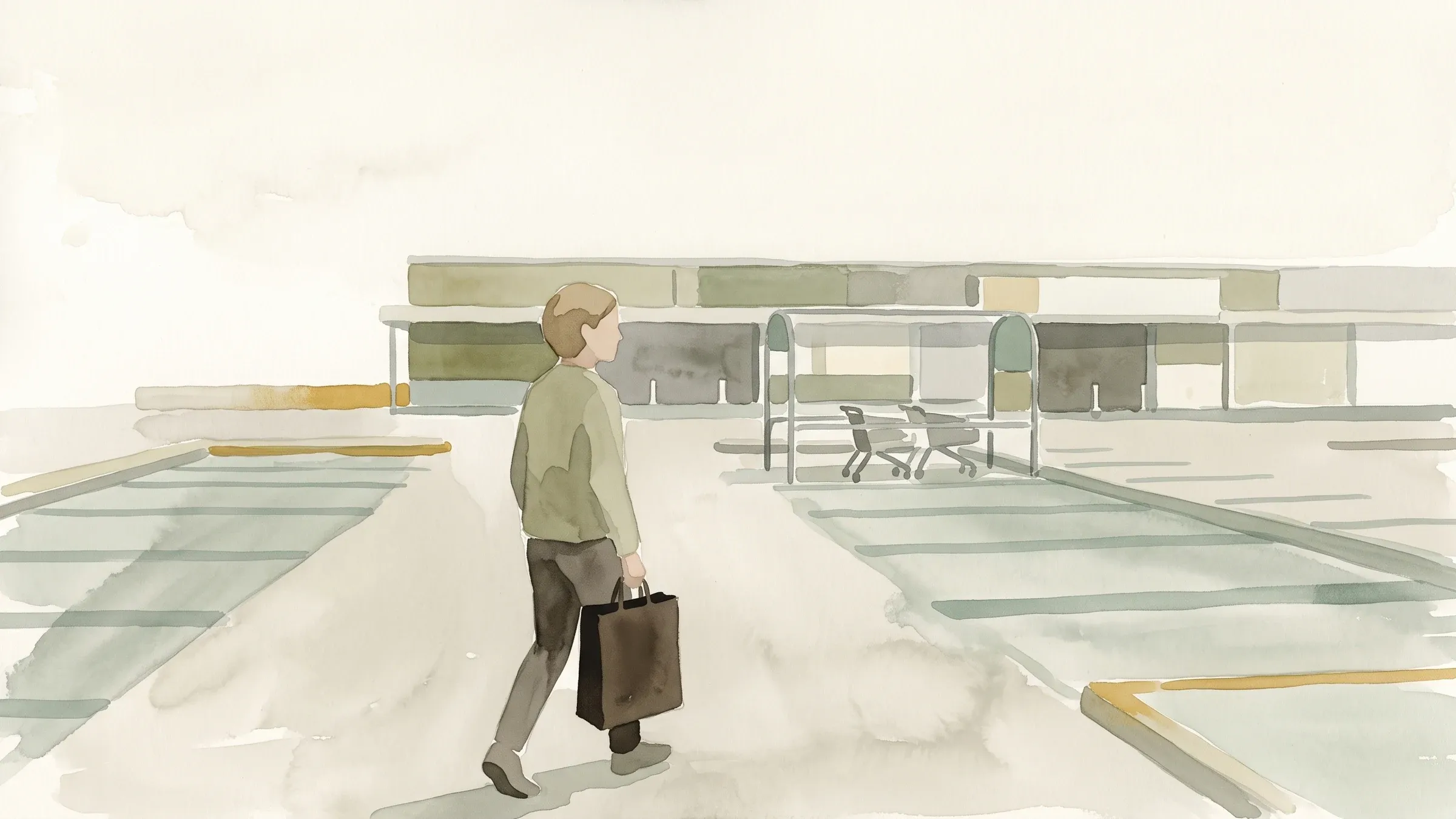 A watercolour illustration of a person carrying a shopping bag across a wide supermarket car park.