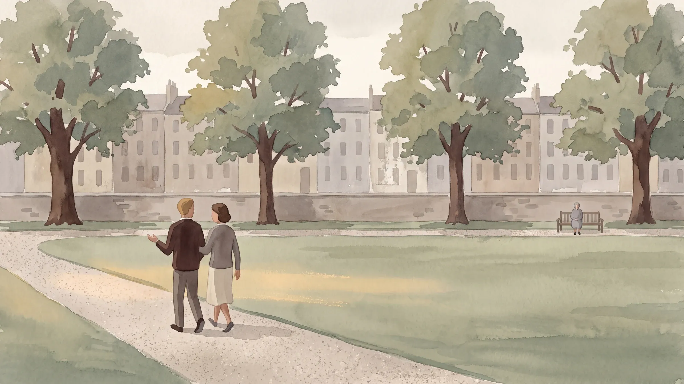 A watercolour illustration of two people walking side by side in conversation around a city garden square at lunchtime.