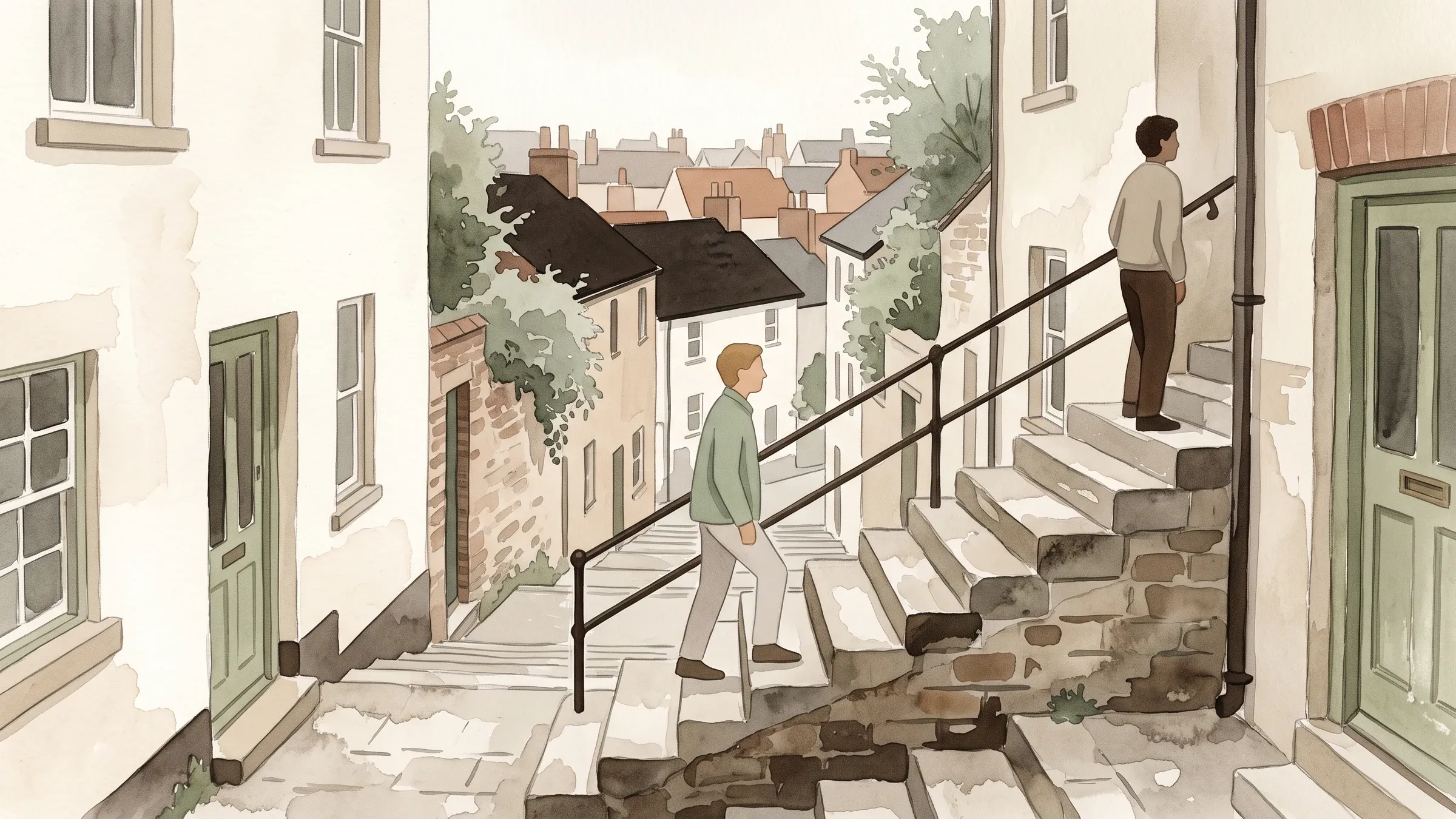 A watercolour illustration of two people climbing a long flight of public steps up a city hillside.