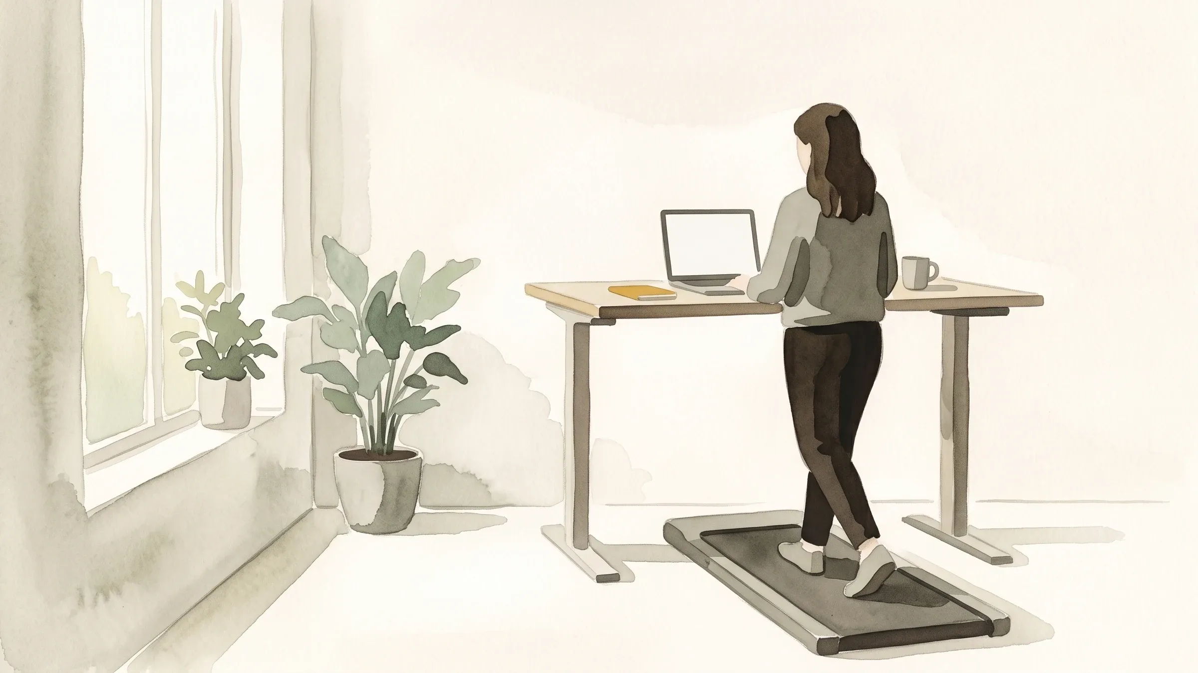 A watercolour illustration of a person walking on a walking pad beneath a standing desk in a sunlit home office.
