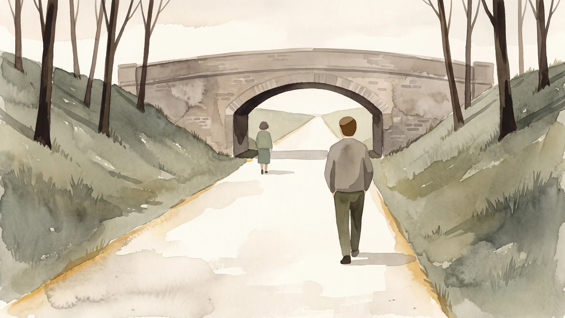 A watercolour illustration of a person walking a straight gravel path along a disused railway line, passing under a brick arch bridge.