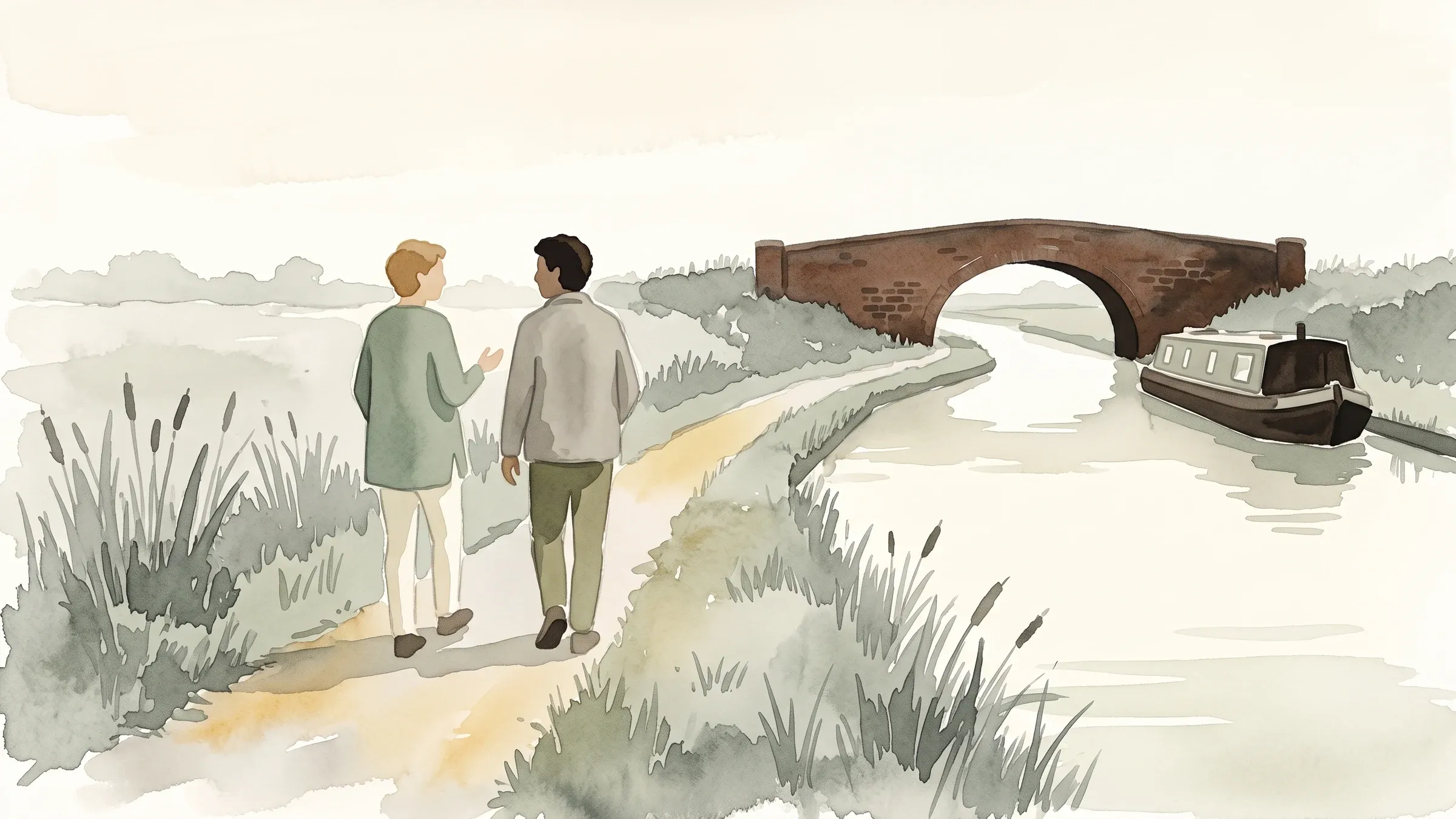 A watercolour illustration of two friends walking a canal towpath past a moored narrowboat.